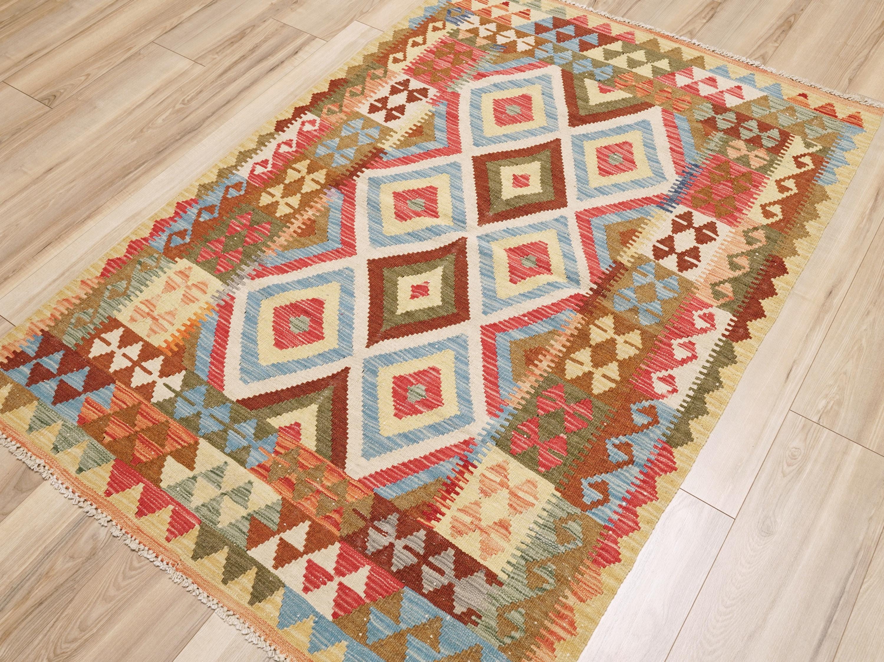 4x6 Ft Wool Kilim Rug - Colorful Flat Weave Tribal Rug