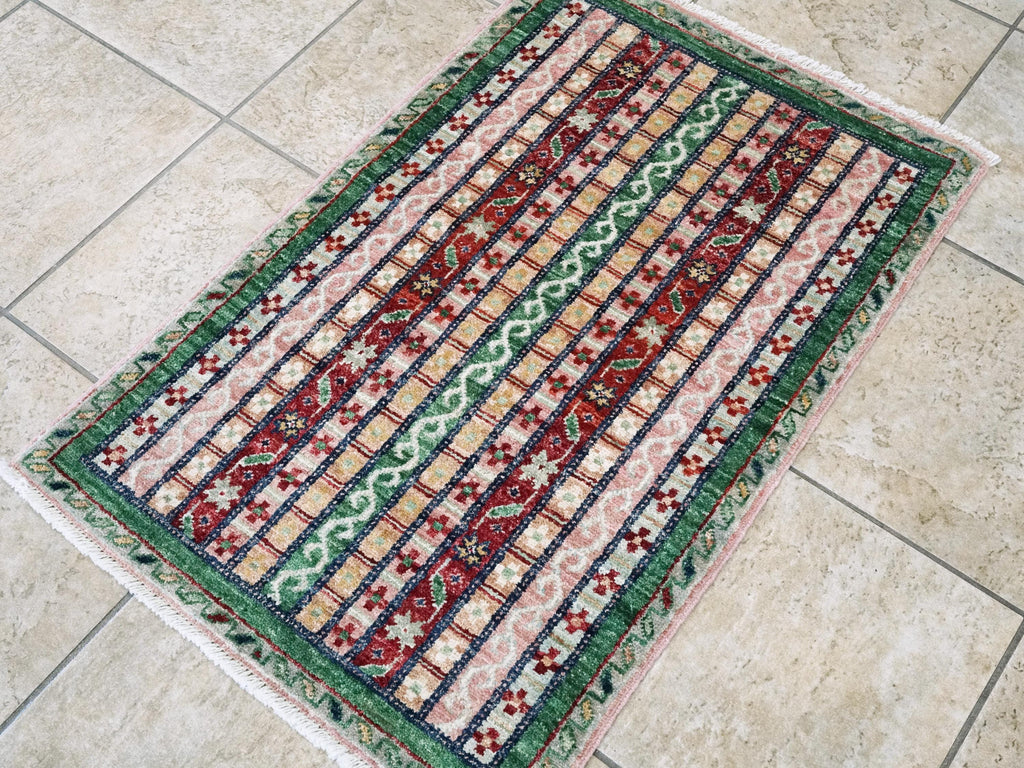 2x3 Ft Green & Pink Khorjin Rug - Afghan Wool Accent Rug