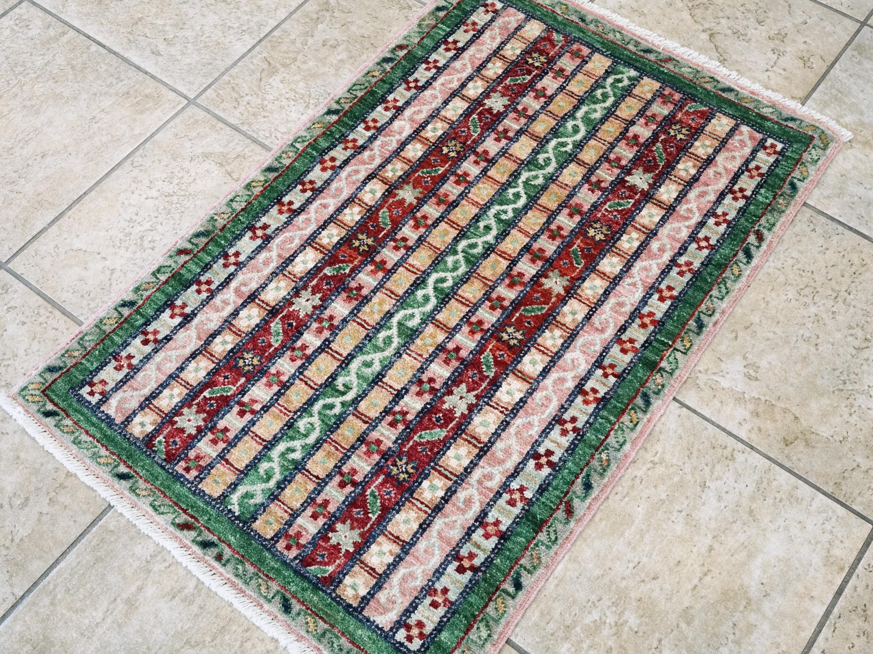 2x3 Ft Green & Pink Khorjin Rug - Afghan Wool Accent Rug