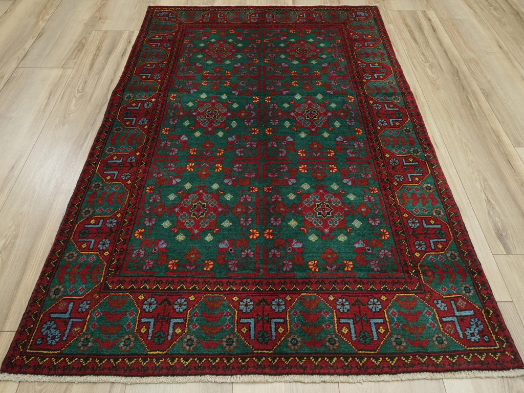 3x5 Ft Green Ersari Rug - Hand Knotted Oriental Area Rug - Turkmen Design