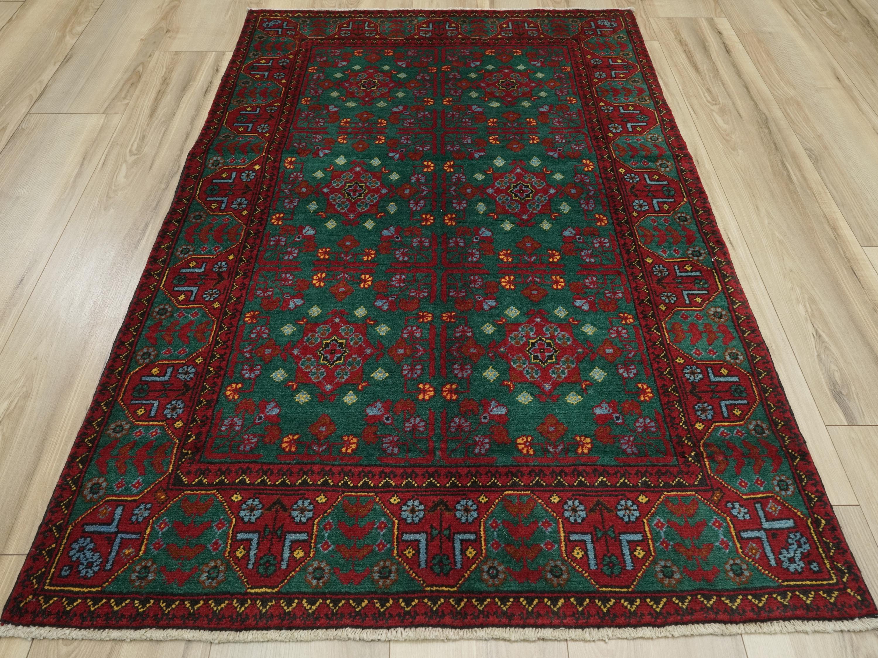 3x5 Ft Green Ersari Rug - Hand Knotted Oriental Area Rug - Turkmen Design