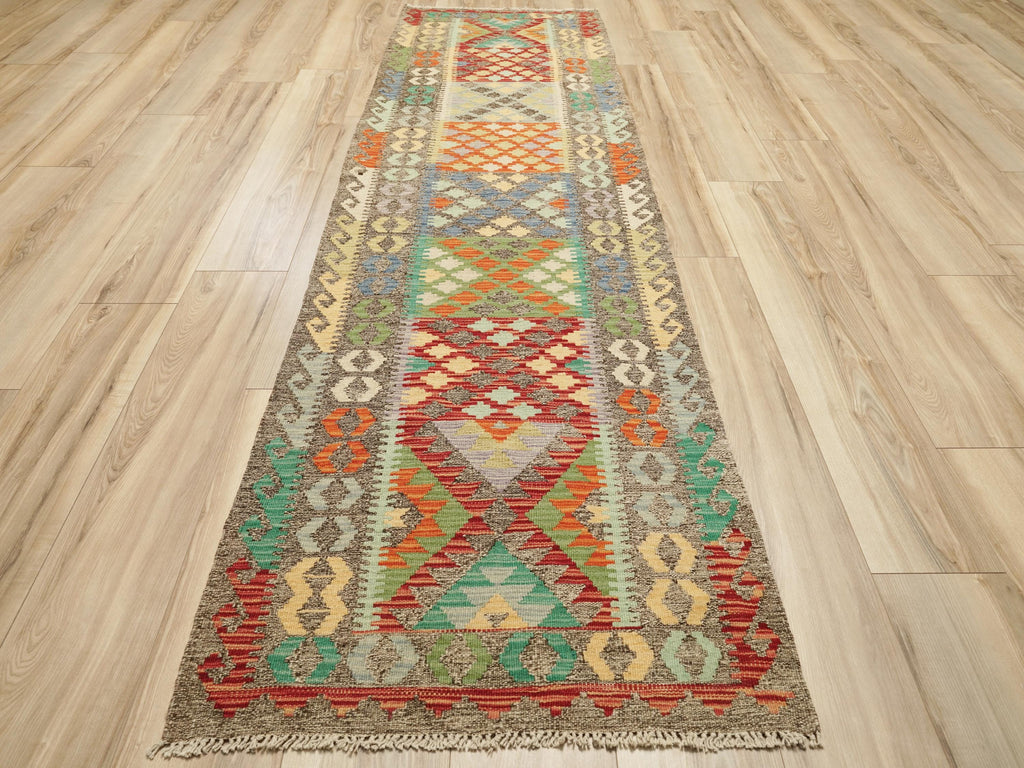 9 Ft Wool Kilim Runner Rug - Traditional Afghan Hallway Rug