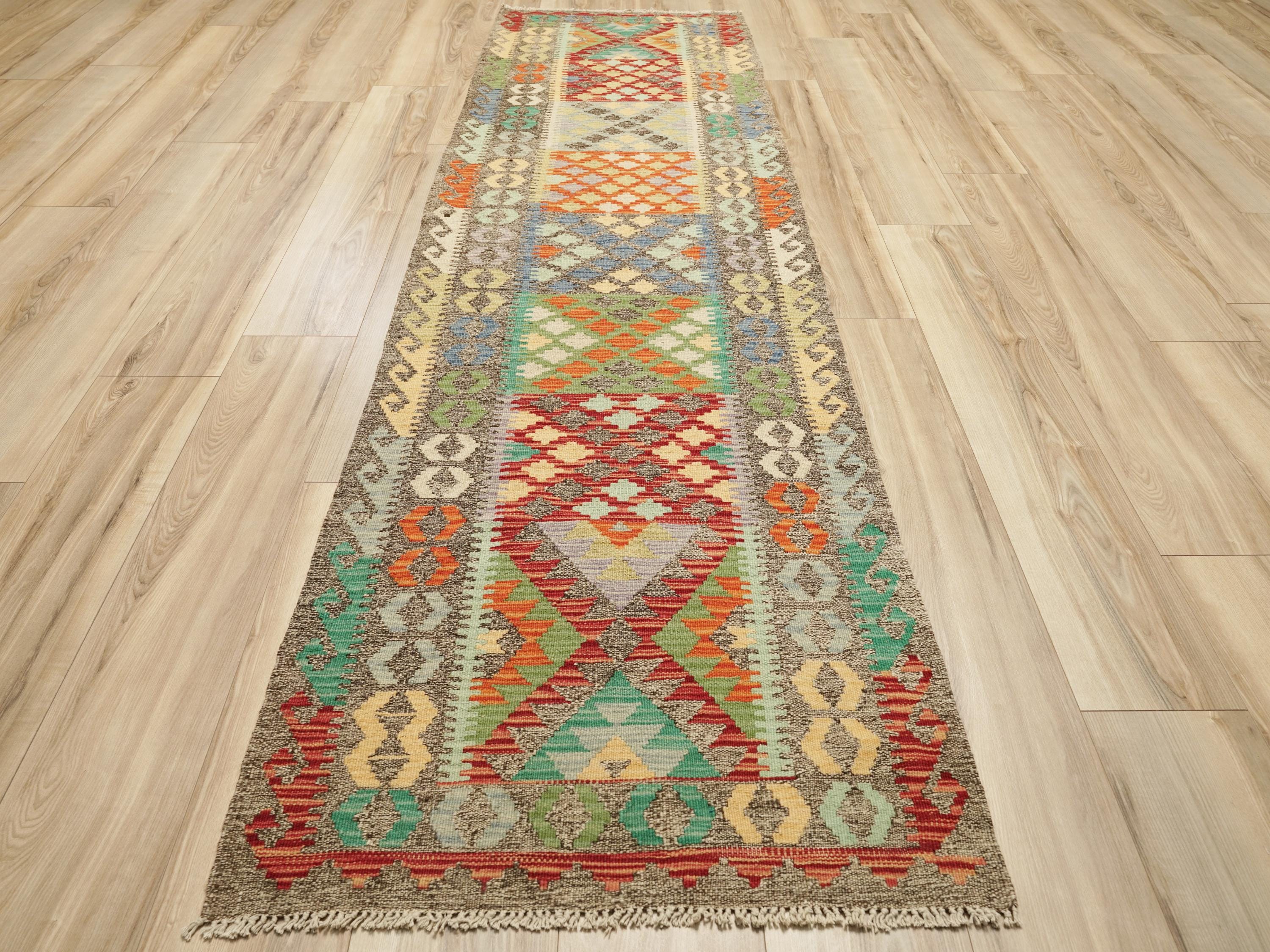 9 Ft Wool Kilim Runner Rug - Traditional Afghan Hallway Rug