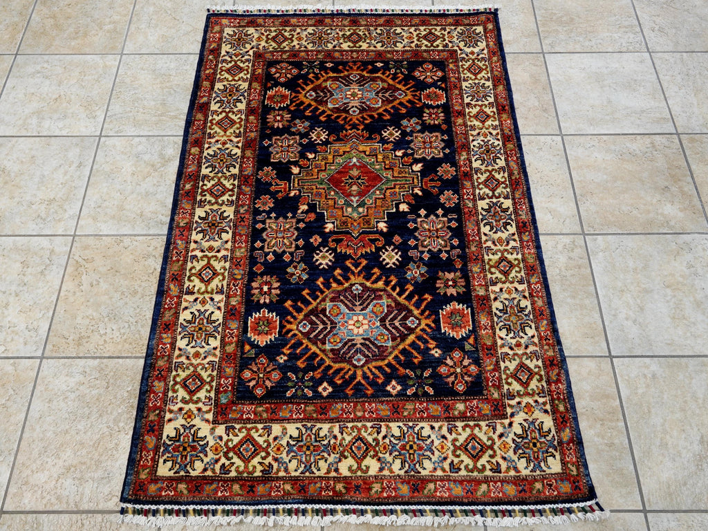 3x5 Ft Blue Kazak Rug - Handmade Afghan Rug
