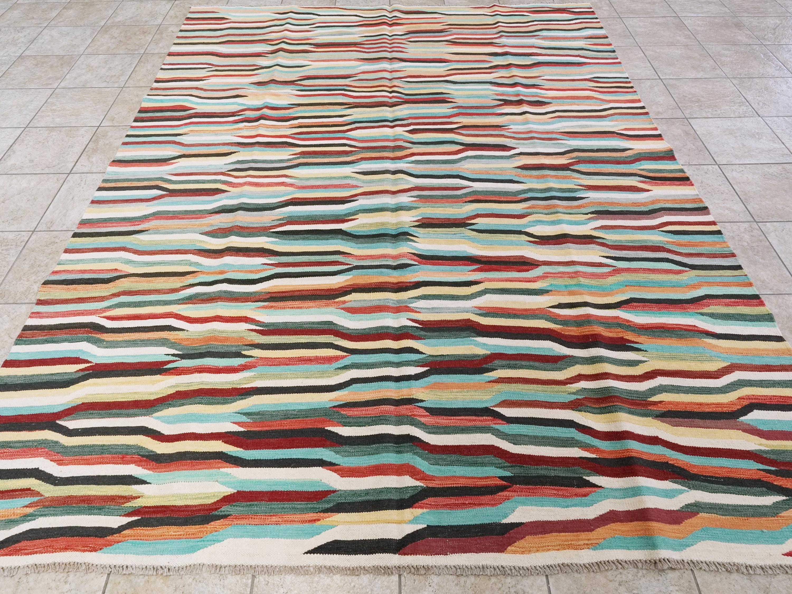 8x10 Ft Colorful Kilim Rug - Flat Weave Area Rug - Abstract Design