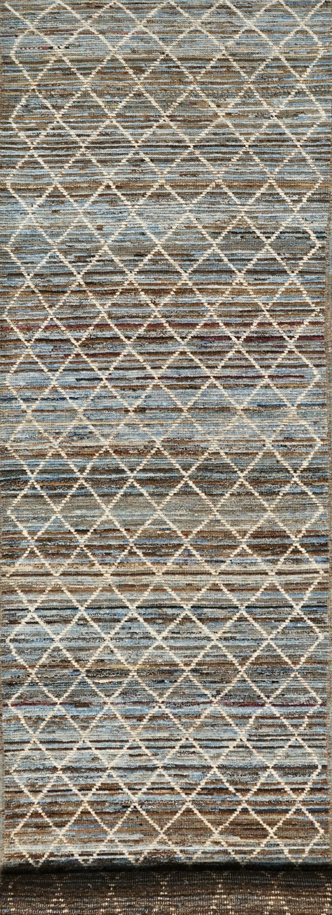 19 Ft Blue Moroccan Runner Rug - Hand Knotted Afghan Hallway Rug