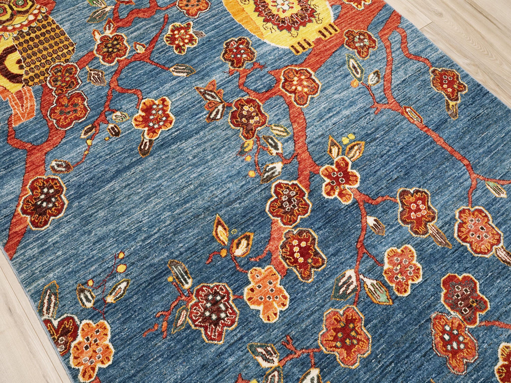 5x7 Ft Blue Owl Rug - Afghan Handmade Area Rug - Bird Design