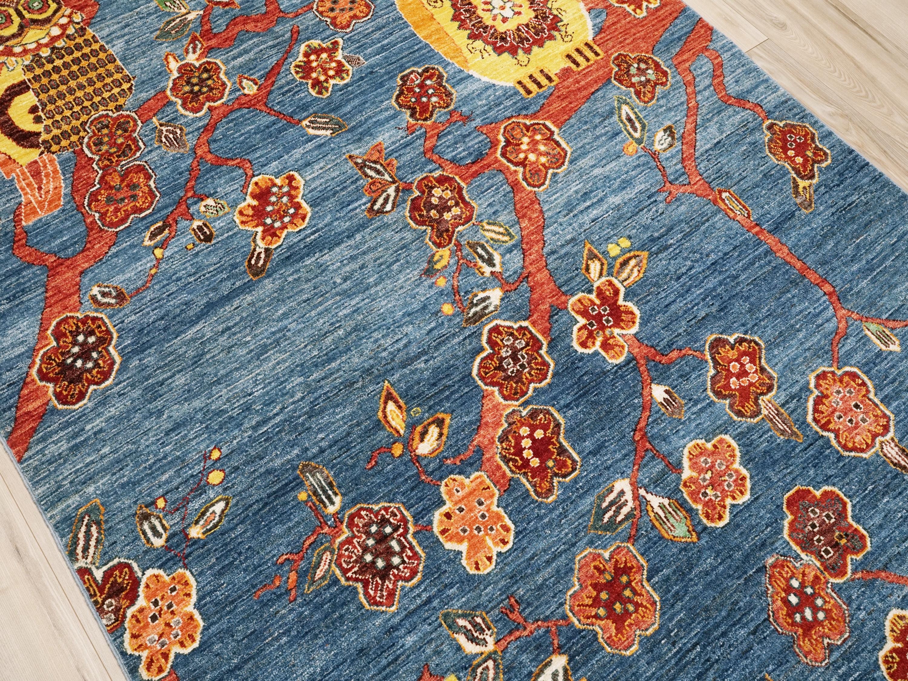 5x7 Ft Blue Owl Rug - Afghan Handmade Area Rug - Bird Design