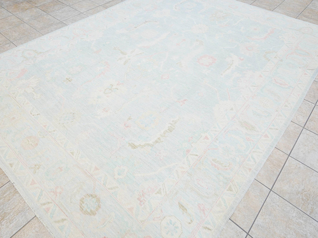 9x12 Ft Light Blue Oushak Rug - Handmade Area Rug - Floral Design