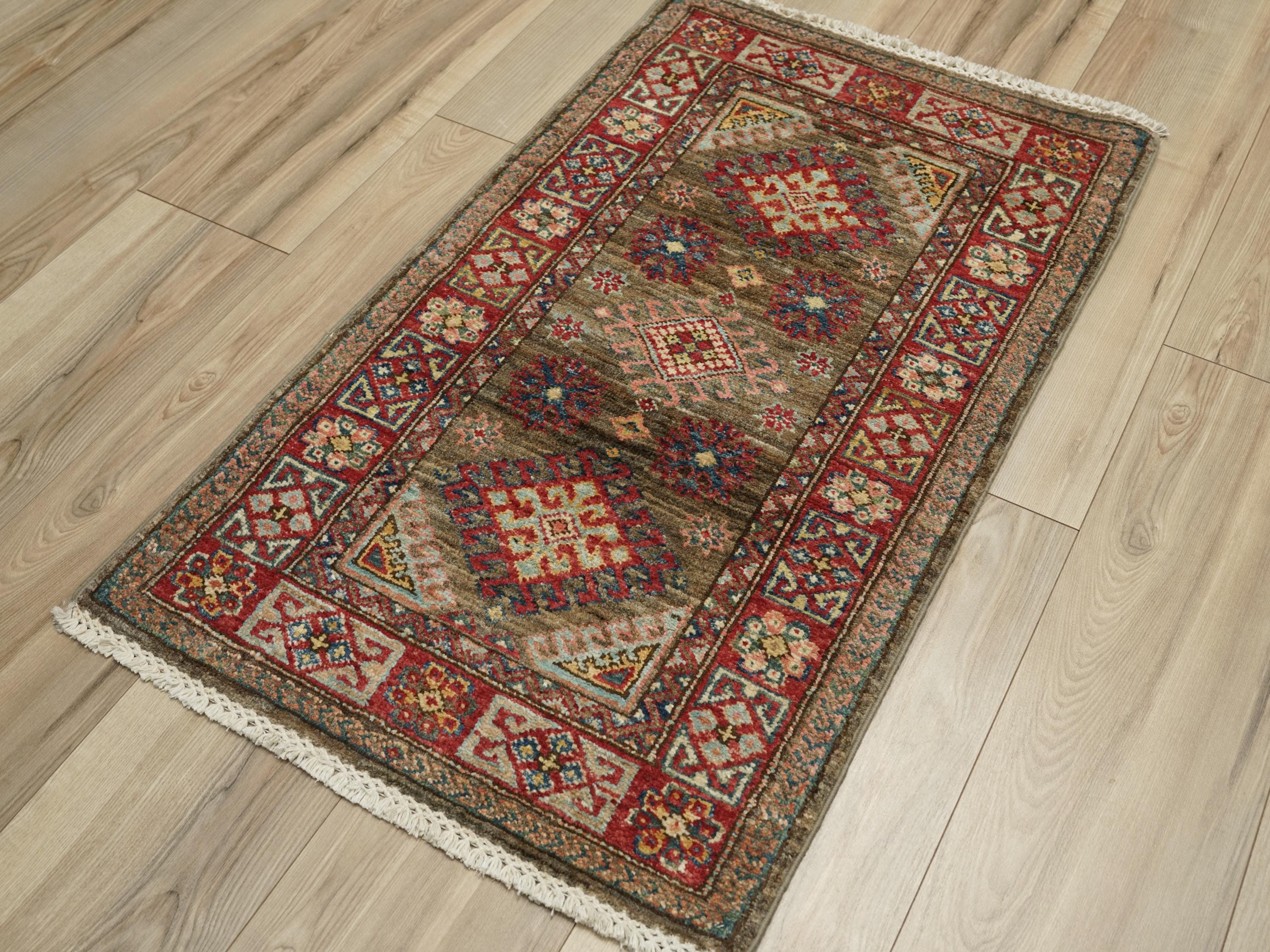2x3 Ft Brown Kazak Rug - Afghan Wool Accent Rug