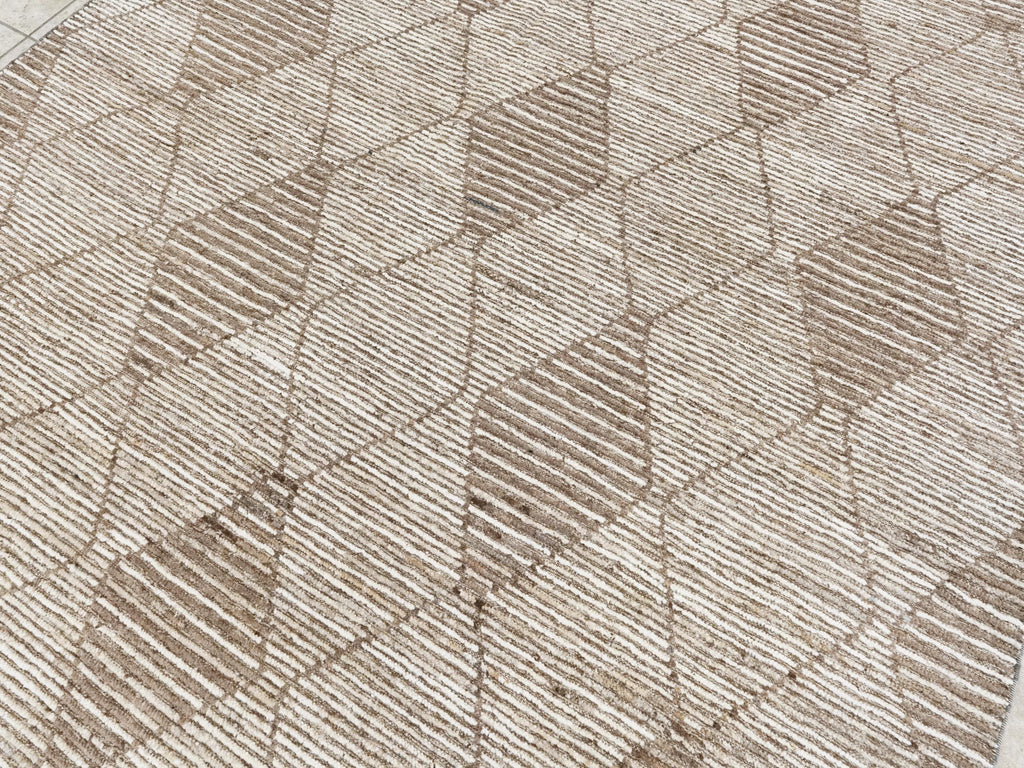 7x10 Ft Hand Knotted Afghan Wool Rug - Beige Moroccan Design