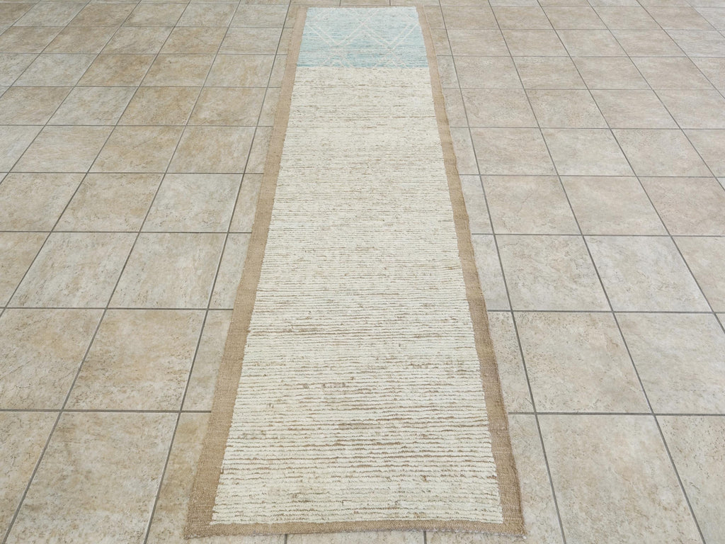 10 Ft Blue Moroccan Wool Runner Rug - Hand Knotted Hallway Rug