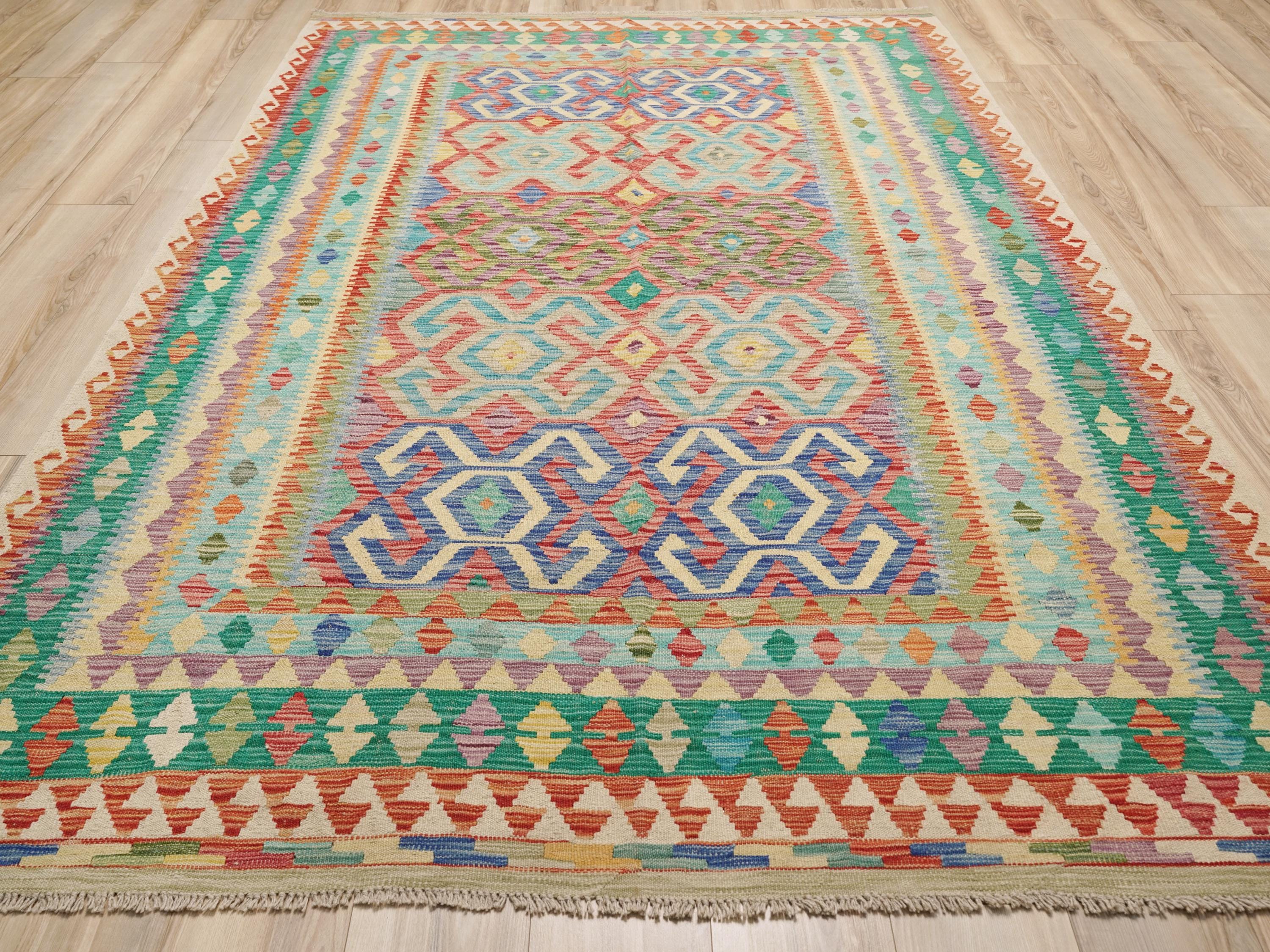 7x10 Ft Green Kilim Rug - Traditional Afghan Rug