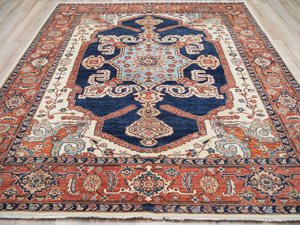 8x10 Ft Blue & Red Heriz Rug: Hand -Knotted Oriental Wool Rug