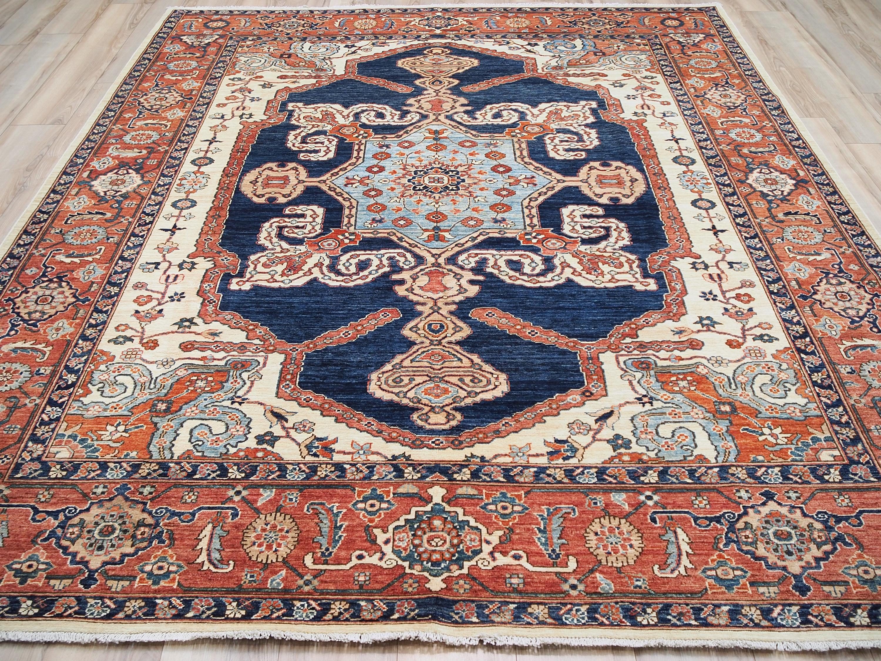 8x10 Ft Blue & Red Heriz Rug: Hand -Knotted Oriental Wool Rug