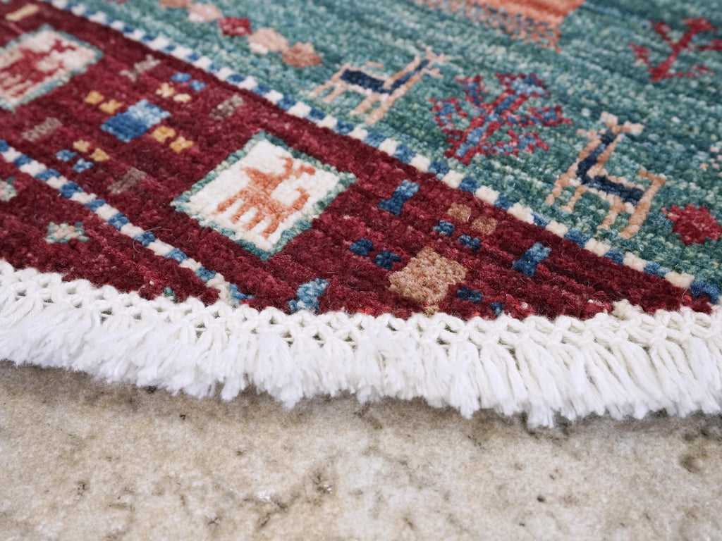 4x4 Ft Colorful Khorjin Rug - Hand Knotted Round Rug - Tribal Design
