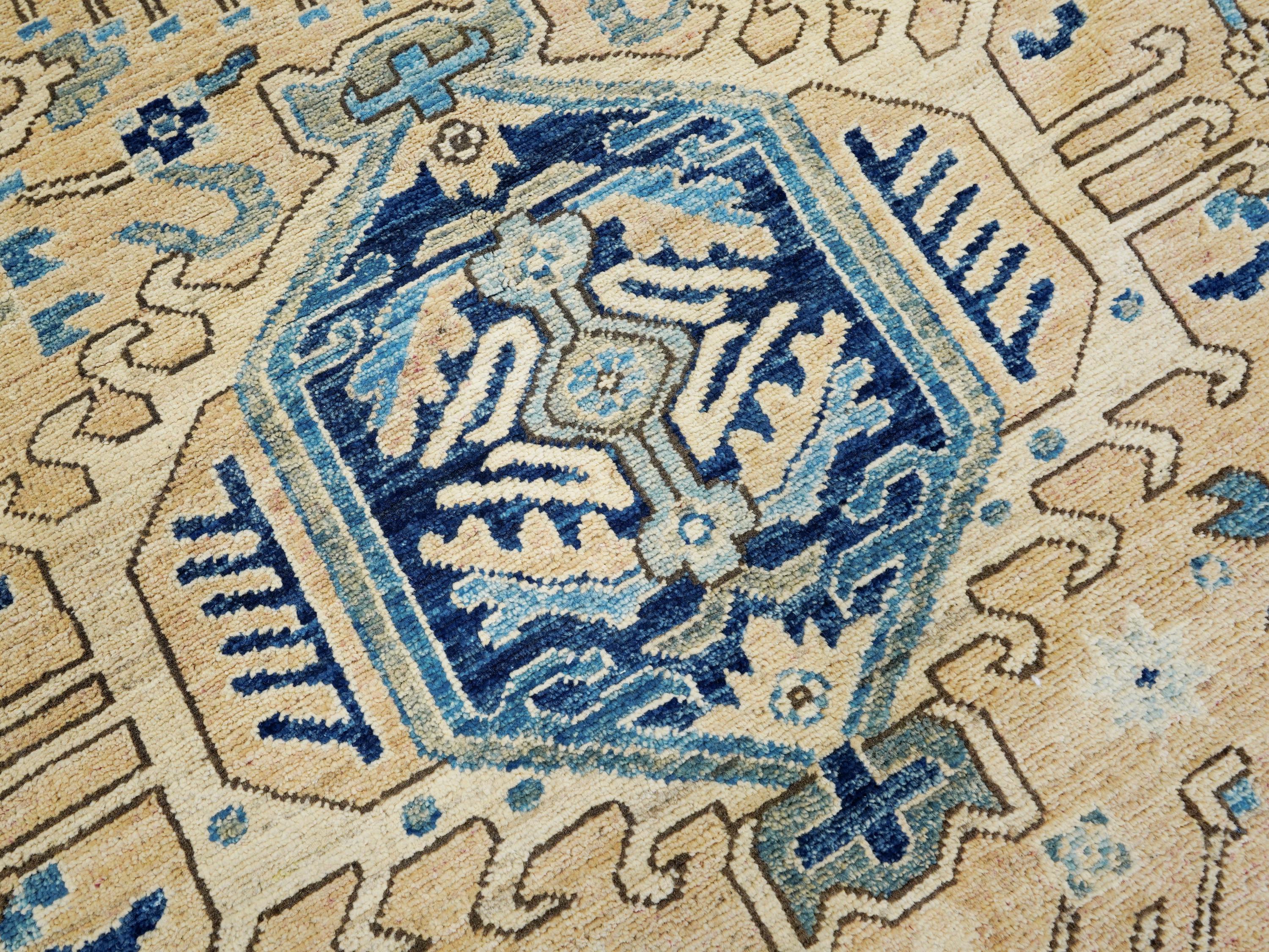 10x14 Ft Beige & Blue Heriz Rug - Hand Knotted Antique Rug