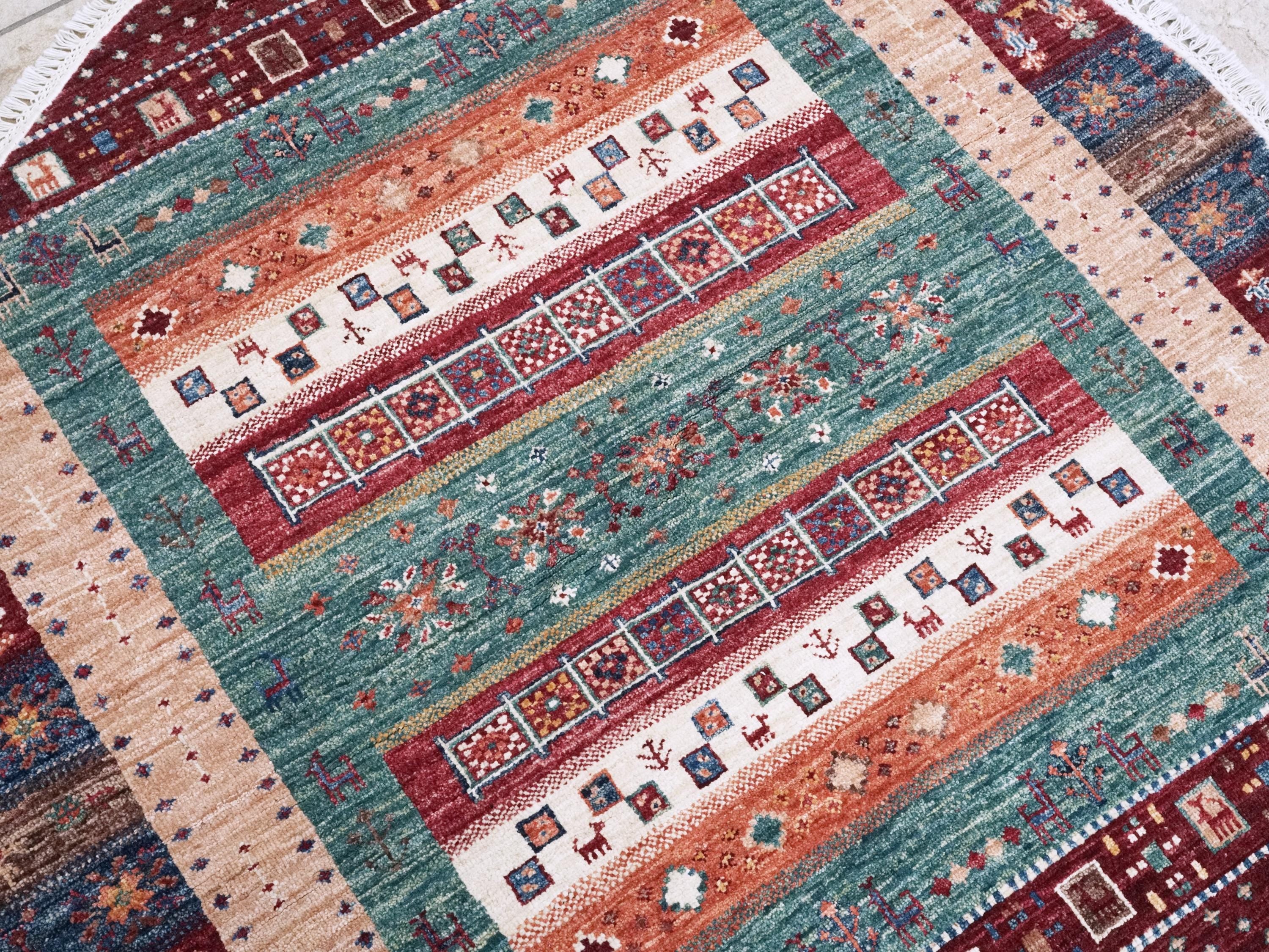 4x4 Ft Colorful Khorjin Rug - Hand Knotted Round Rug - Tribal Design
