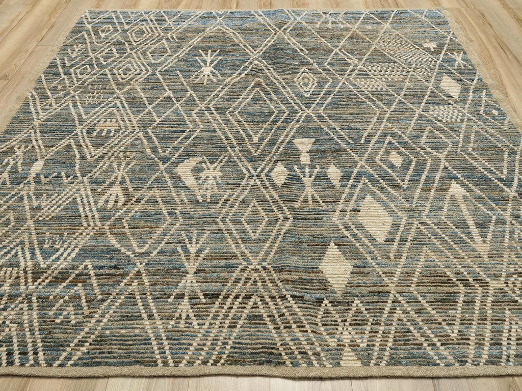 7x7 Ft Blue Moroccan Rug - Afghan Handmade Square Rug