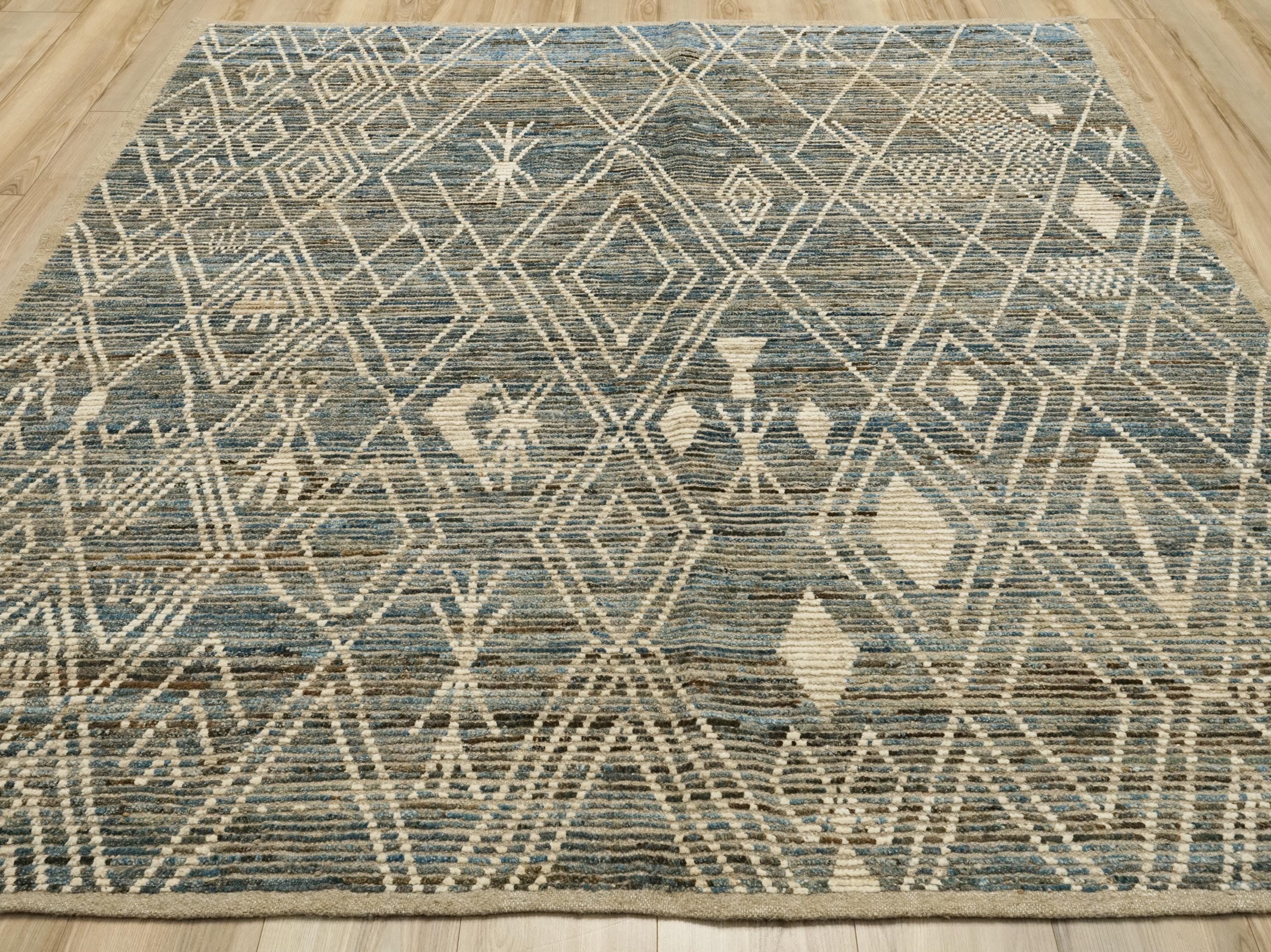 7x7 Ft Blue Moroccan Rug - Afghan Handmade Square Rug