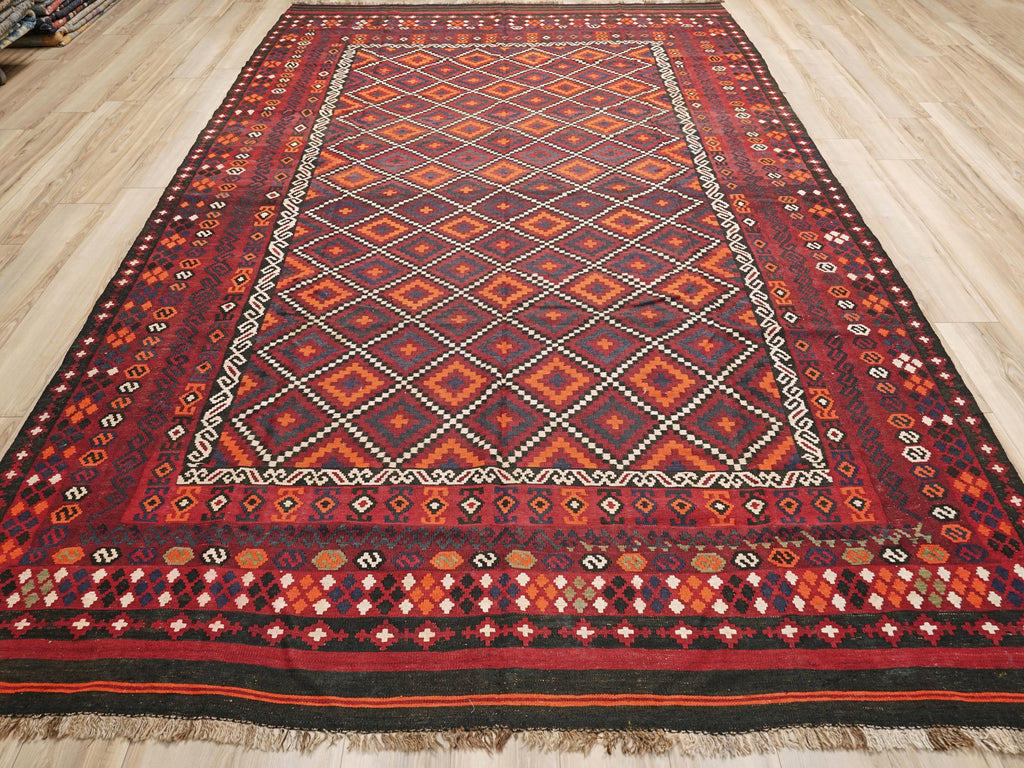 9x14 Ft Vintage Maimana Kilim Rug - Traditional Red Flat Weave