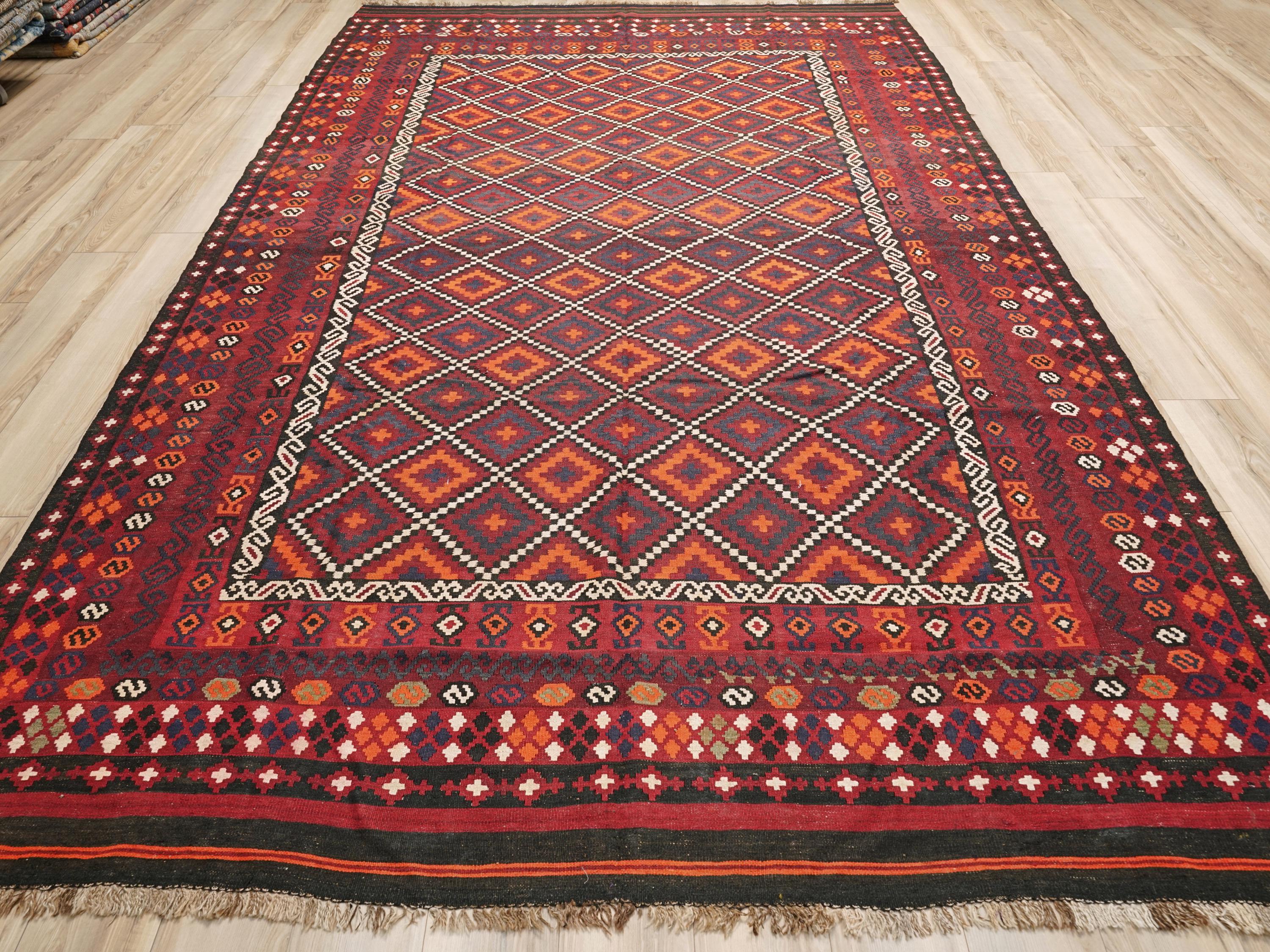 9x14 Ft Vintage Maimana Kilim Rug - Traditional Red Flat Weave
