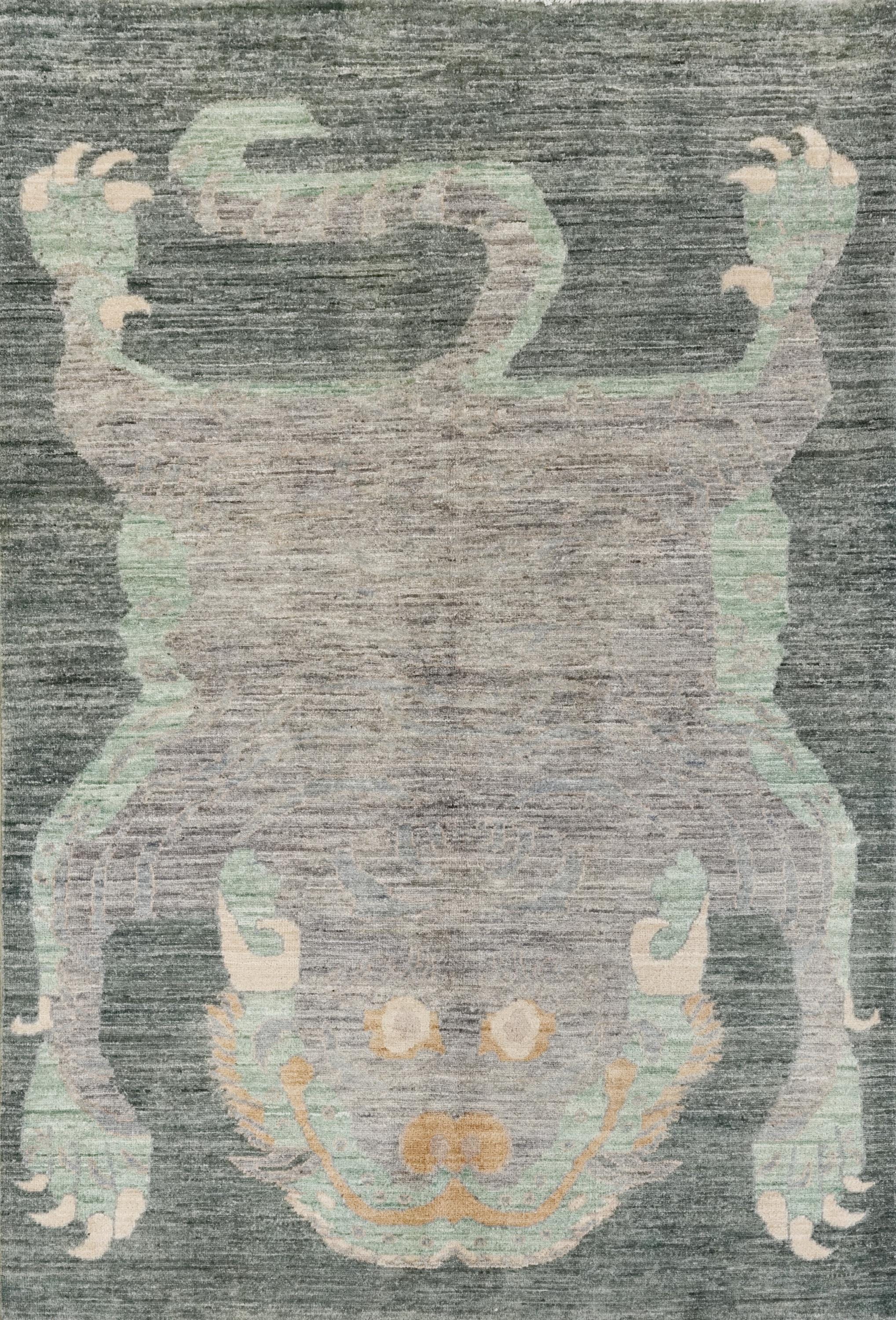 4x6 Ft Green & Gray Wool Tiger Rug - Oriental Area Rug