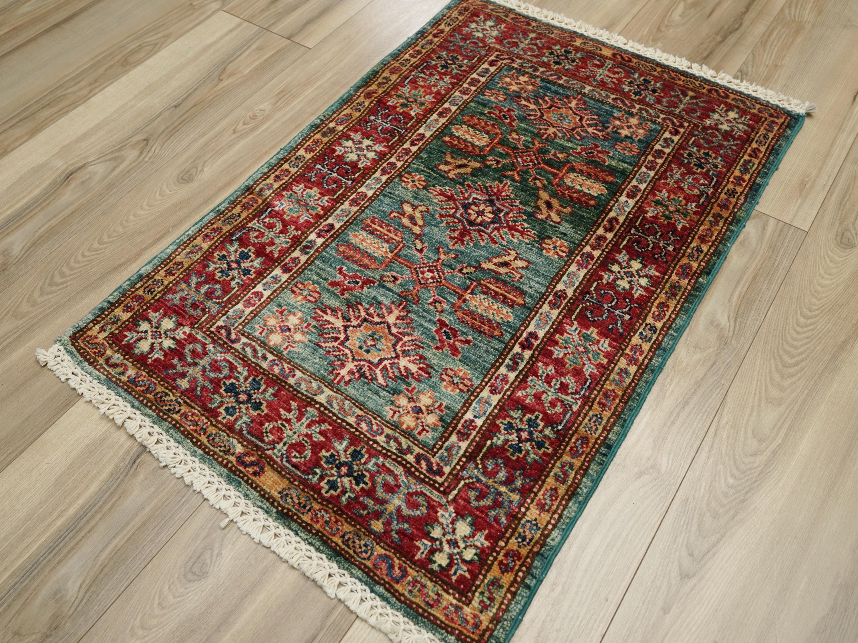 2x3 Ft Green Kazak Rug - Afghan Handmade Area Rug