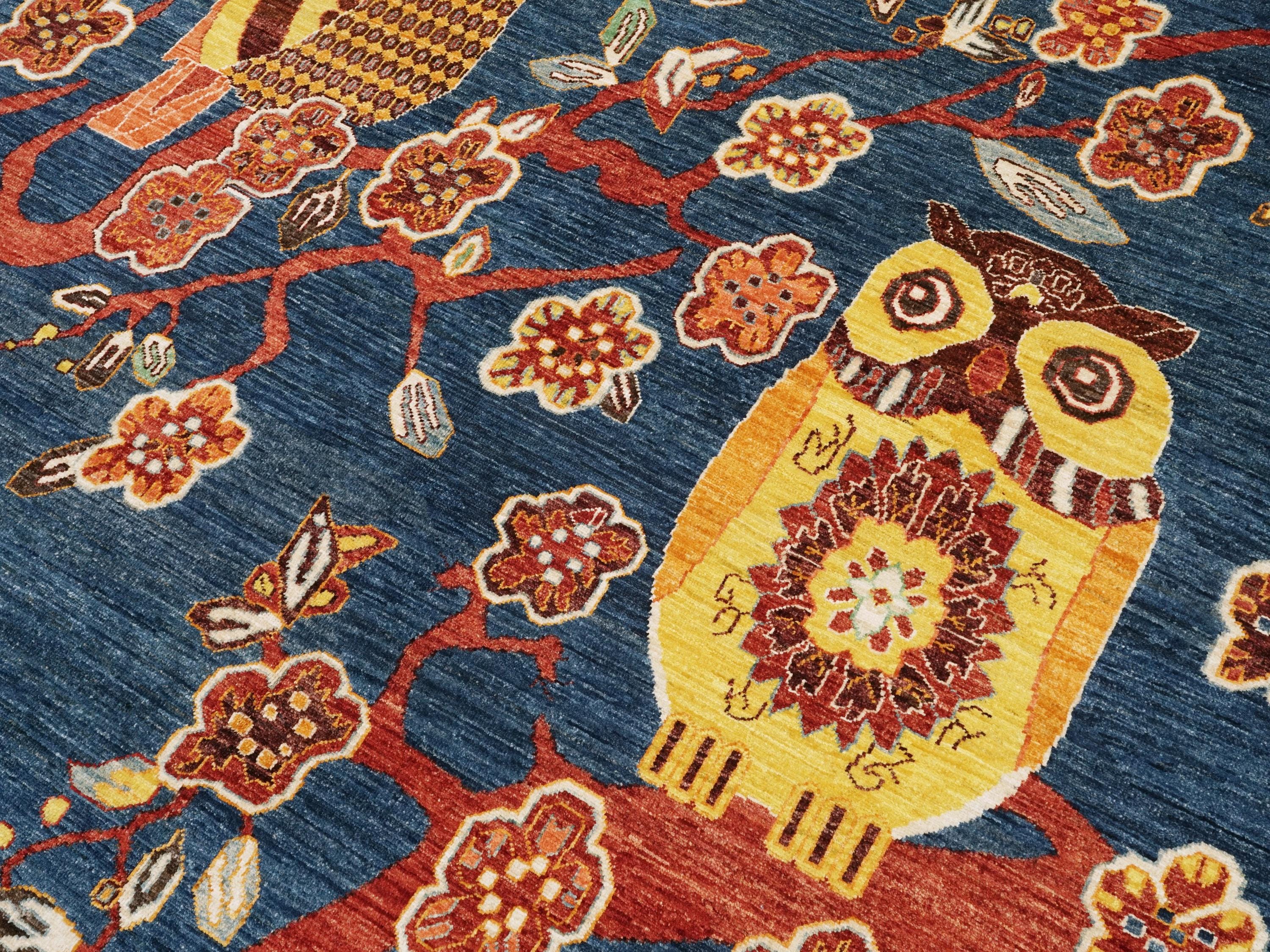 6x9 Ft Blue Owl Rug - Hand Knotted Wool Gabbeh Rug