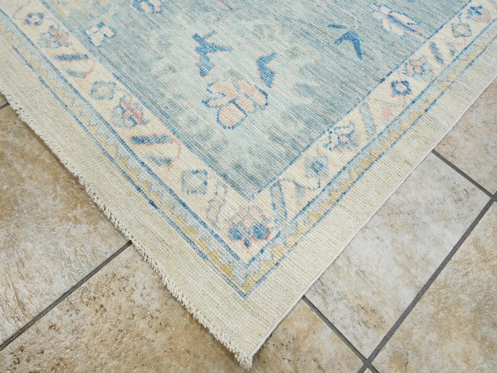 10x14 Ft Muted Blue & Orange Oushak Rug - Hand Knotted Afghan Rug - Turkish Floral Design
