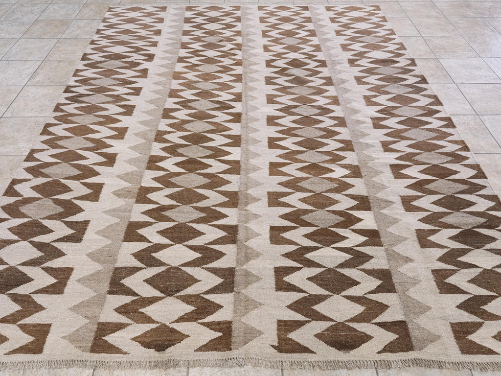 8x10 Ft Brown & Beige Kilim Rug - Flat Weave Area Rug - Geometric Design