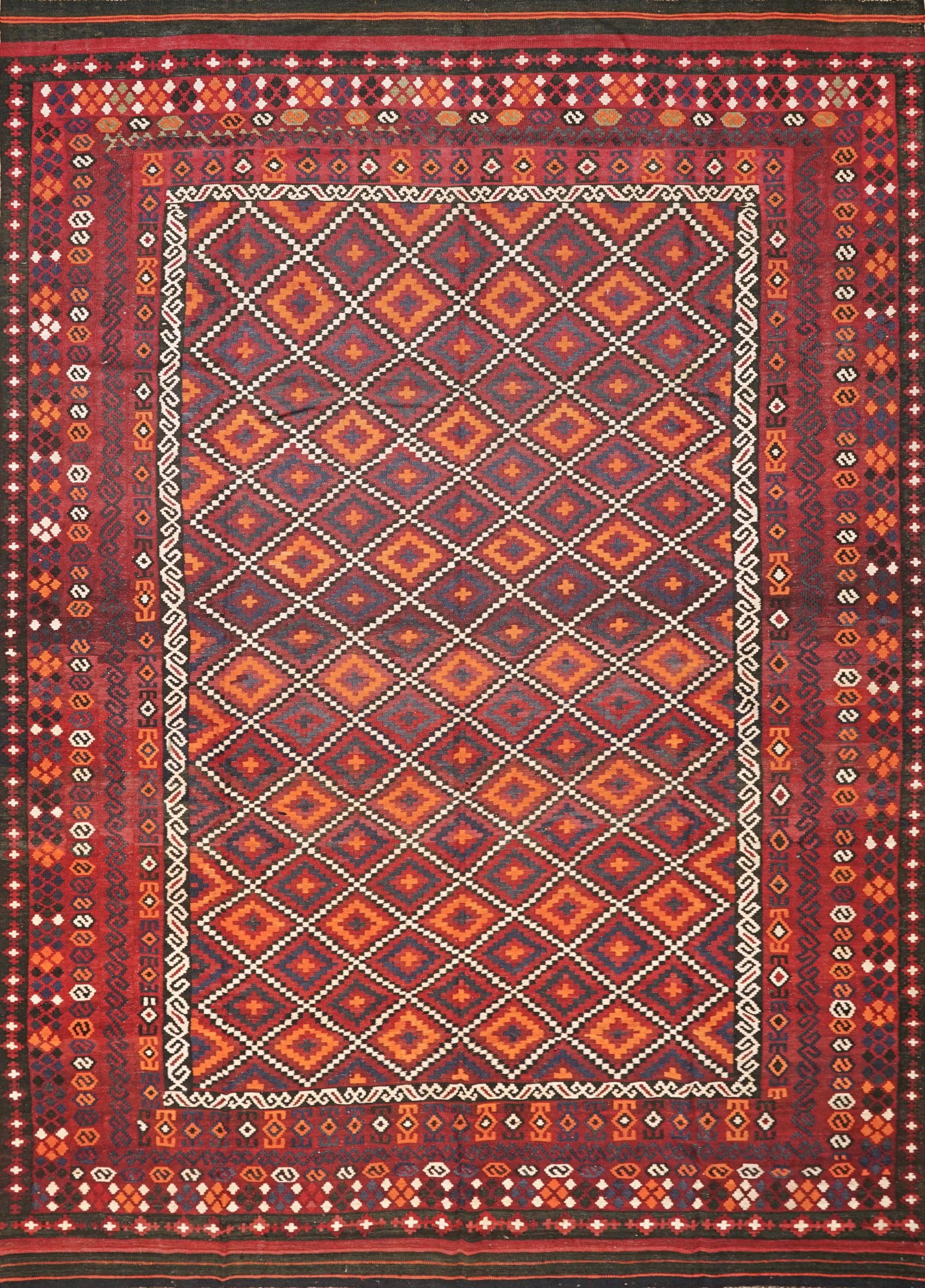 9x14 Ft Vintage Maimana Kilim Rug - Traditional Red Flat Weave