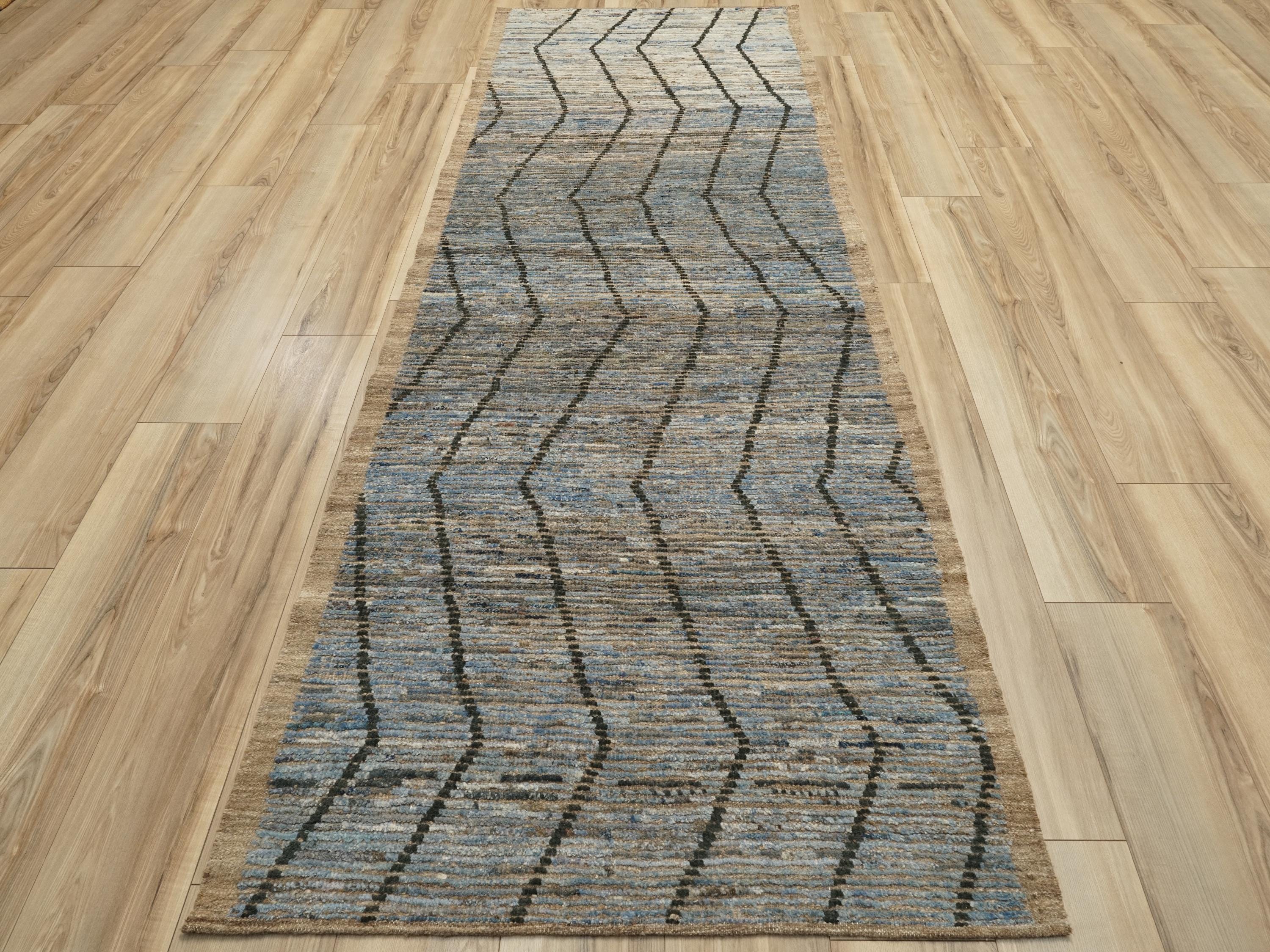 10 Ft Blue Moroccan Runner Rug - Afghan Handmade Wool Rug