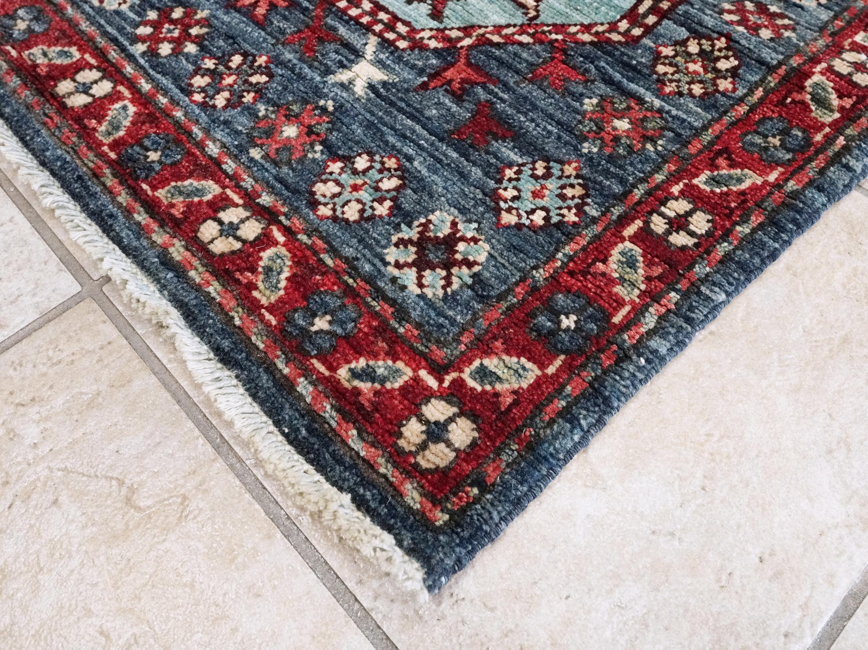 14 Ft Blue Ersari Runner Rug - Traditional Wool Hallway Rug - Turkmen Design