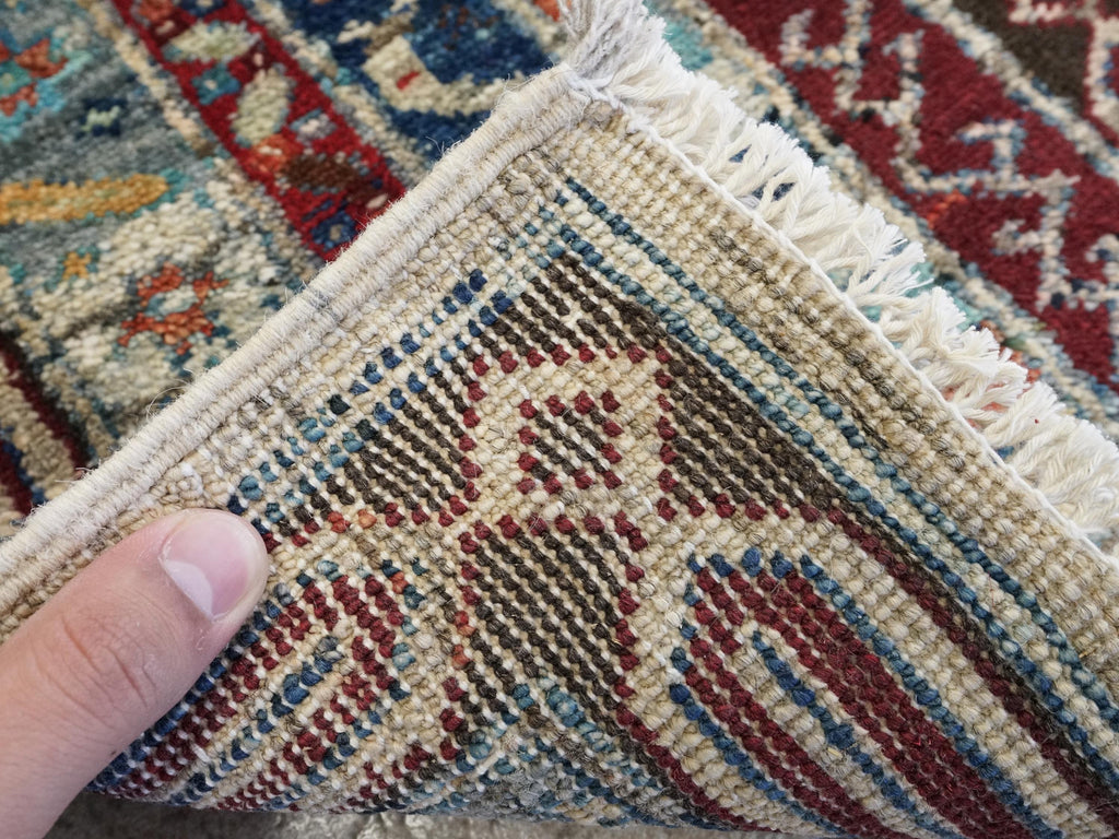 1x2 Ft Hand Knotted Heriz Rug - Beige & Blue Afghan Wool Doormat