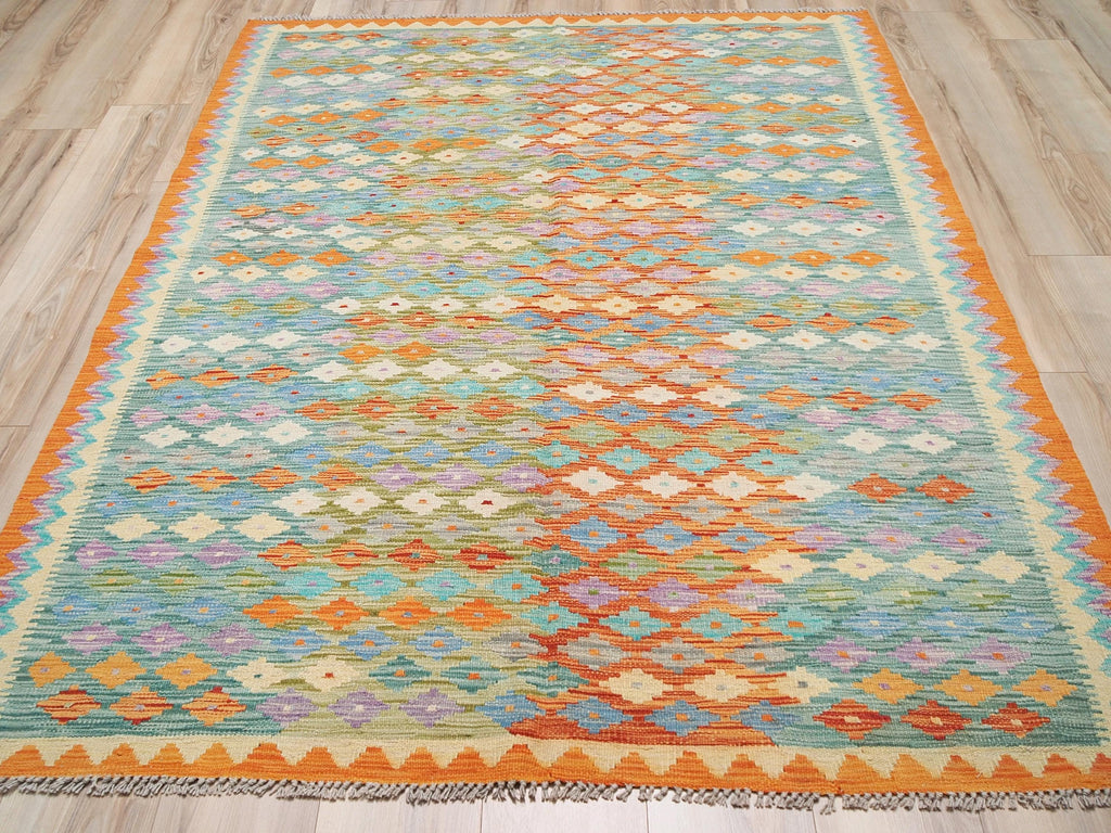 6x8 Ft Orange & Green Kilim Rug - Geometric Flatweave