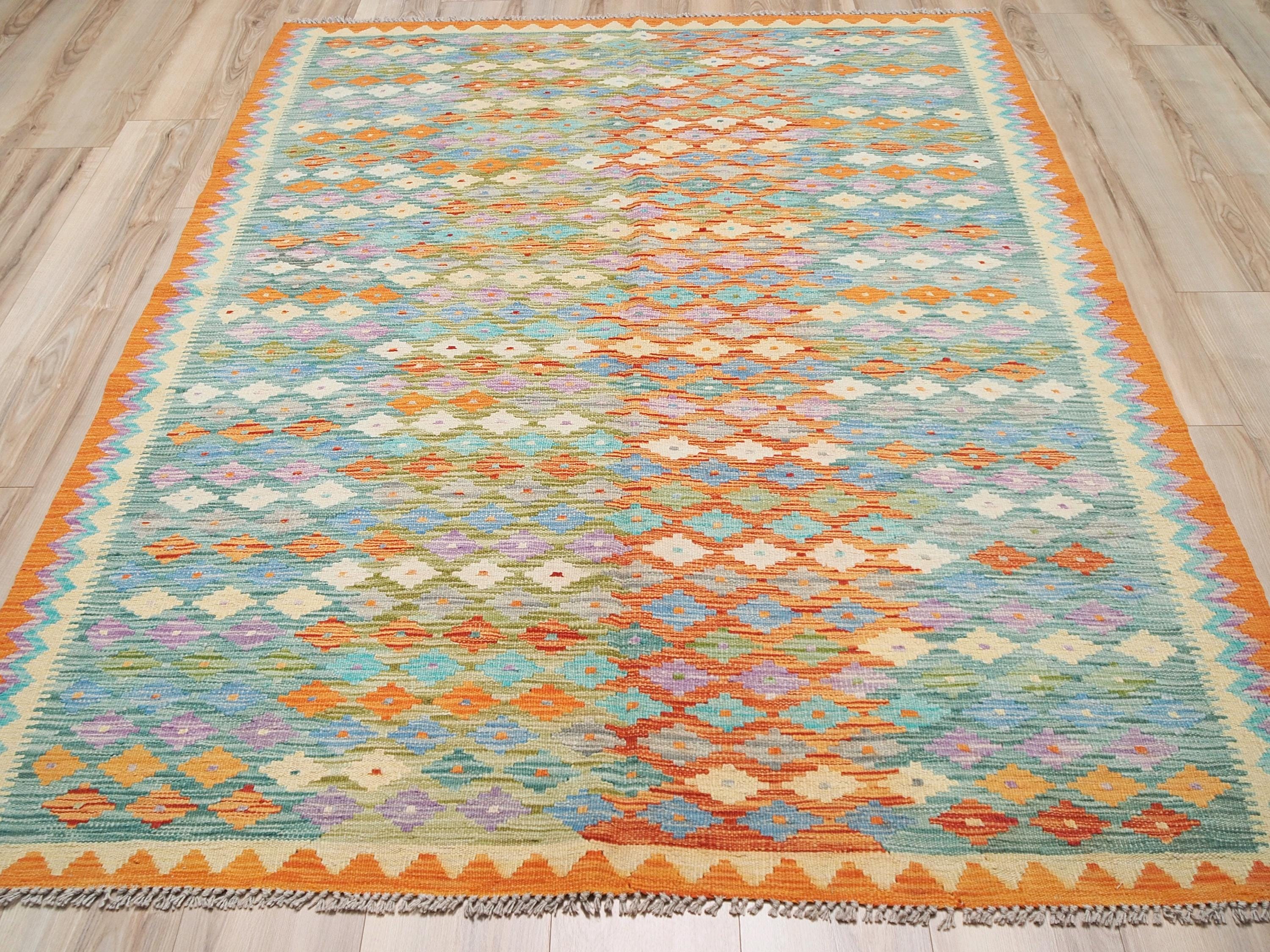 6x8 Ft Orange & Green Kilim Rug - Geometric Flatweave