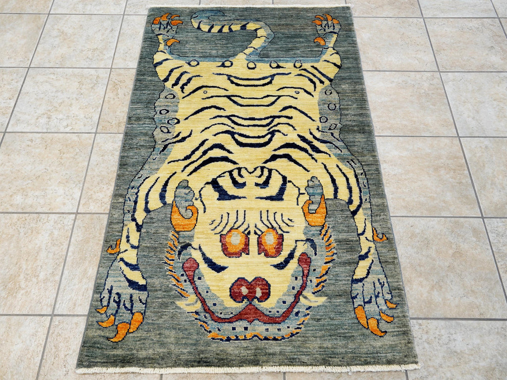 3x5 Ft Gray & Yellow Tiger Rug - Handmade Afghan Area Rug