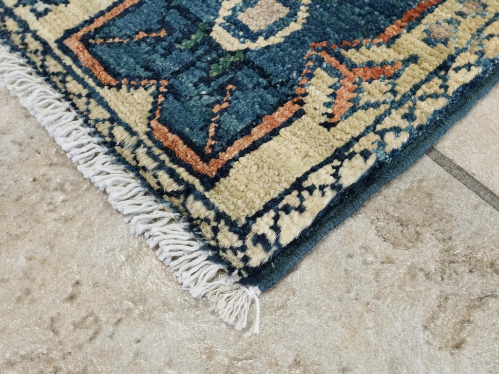 1x2 Ft Hand Knotted Heriz Wool Rug - Beige Blue Floral Accent Rug