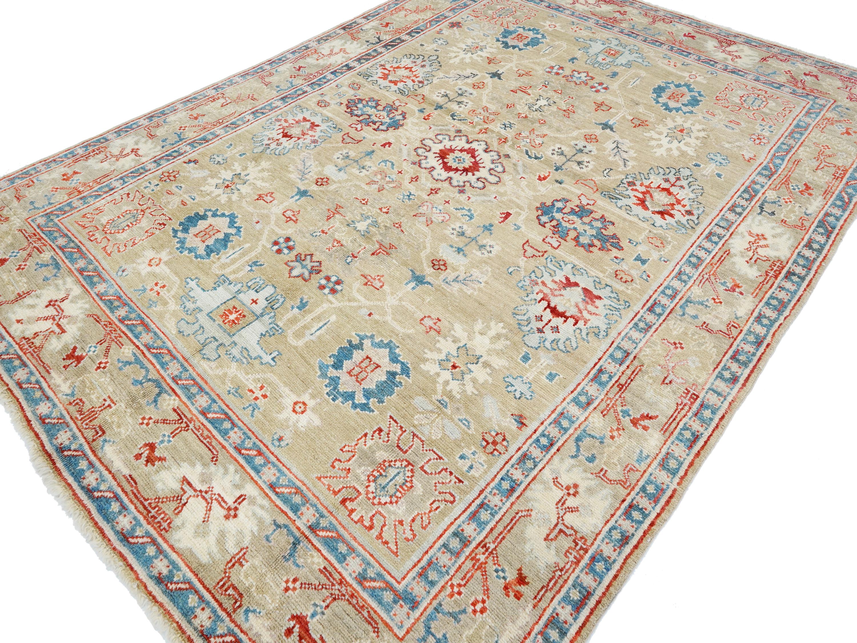 8x11 Ft Brown & Red Oushak Rug - Hand Knotted Oriental Rug - Floral Design