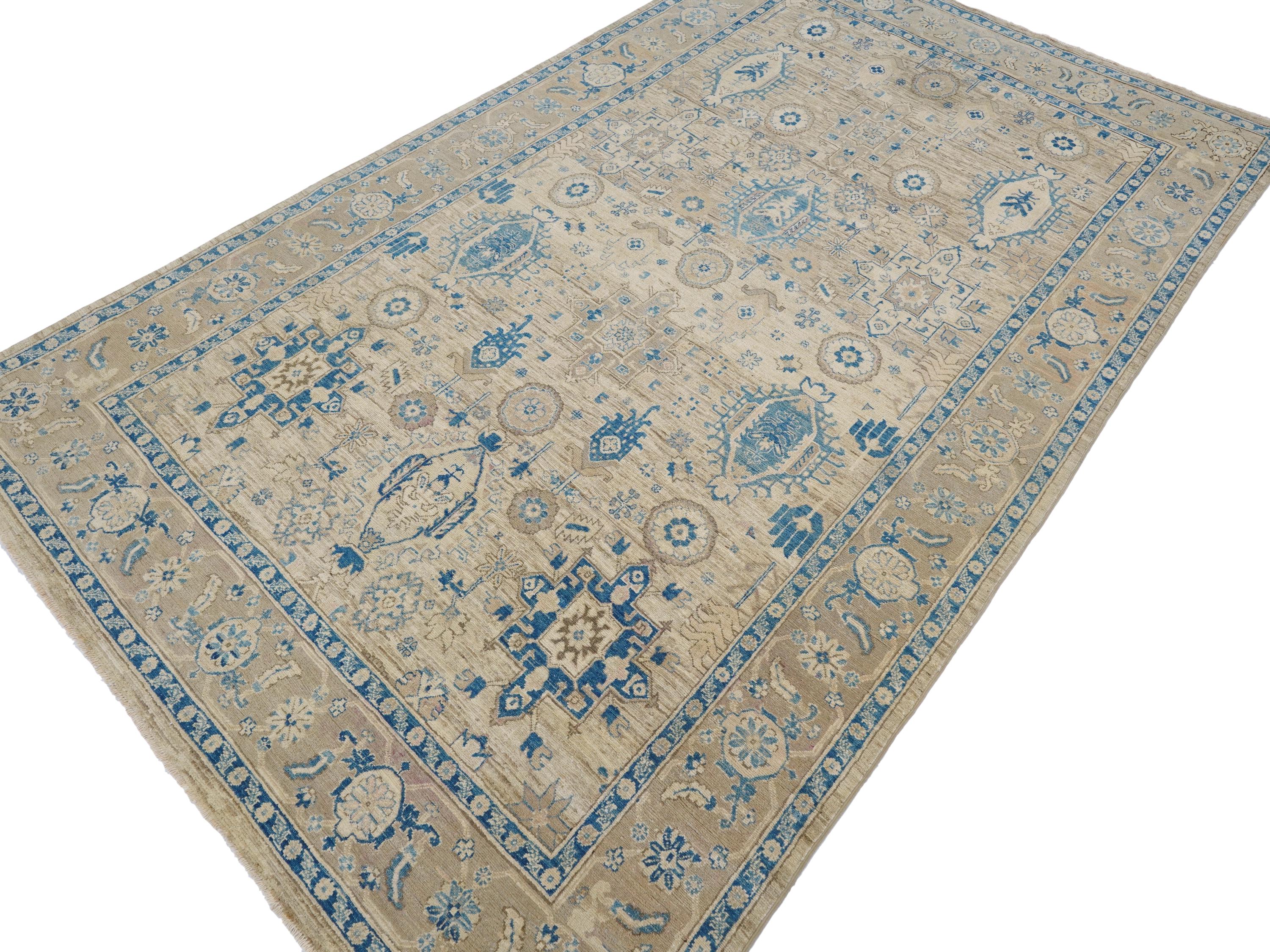 6x10 Ft Antique Heriz Rug - Beige & Blue Persian Rug