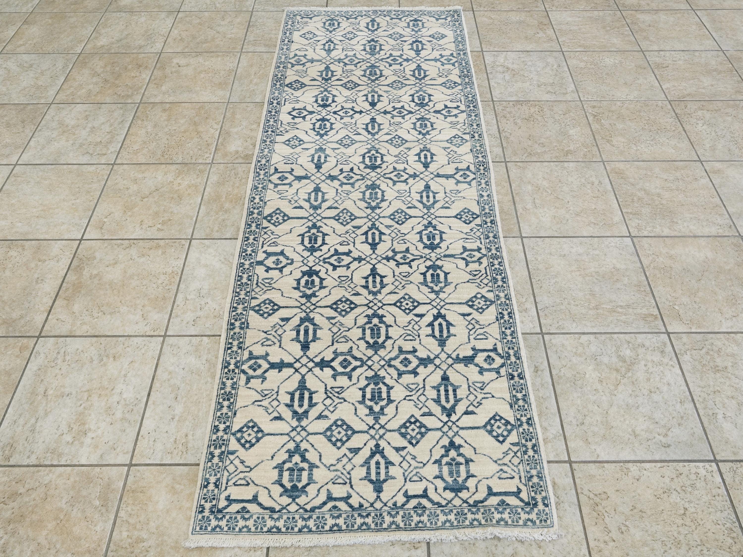 7 Ft Blue Heriz Rug Runner - Hand Knotted Wool Rug - Vintage Persian Style