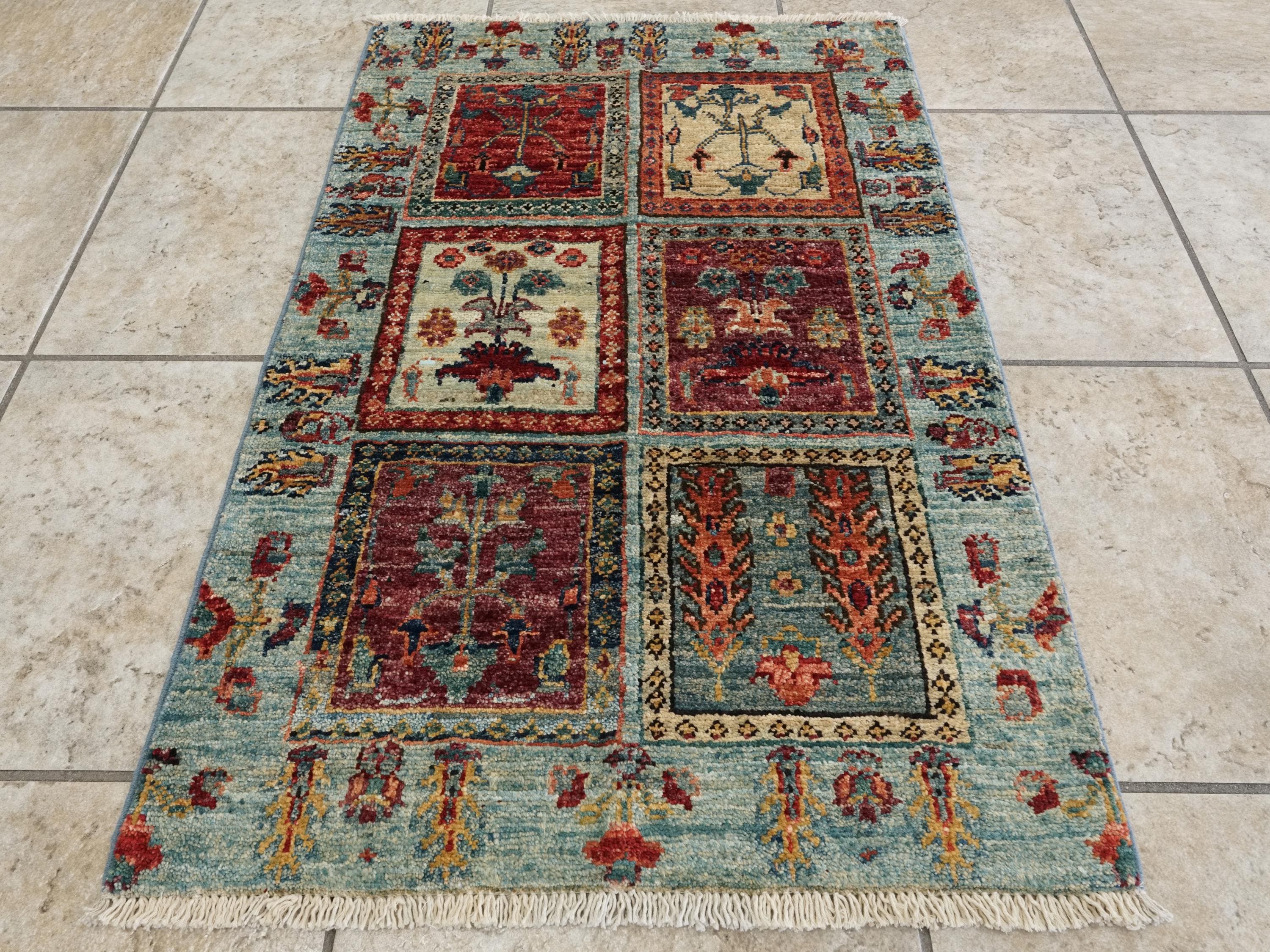 2x3 Ft Handmade Afghan Heriz Rug - Blue Wool Small Accent Rug