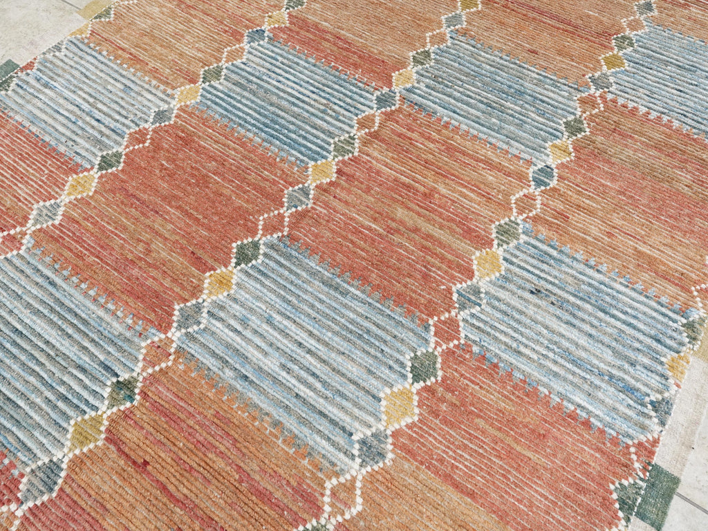 7x10 Ft Hand Knotted Afghan Wool Rug: Orange & Blue Moroccan Rug