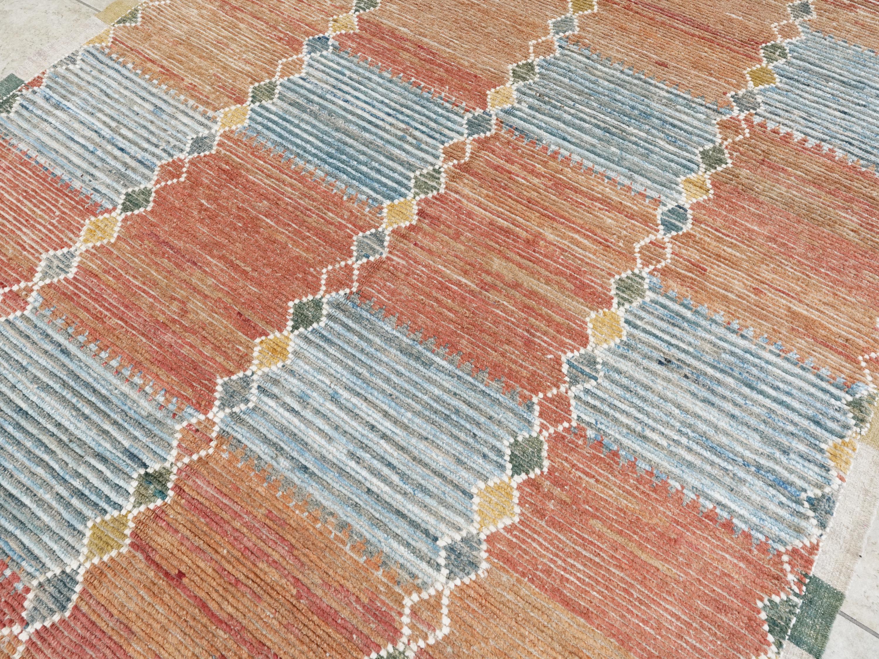 7x10 Ft Hand Knotted Afghan Wool Rug: Orange & Blue Moroccan Rug