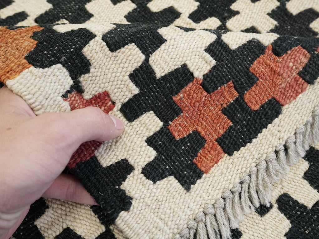 10x13 Ft Black & Beige Kilim Rug - Handmade Afghan Flatweave