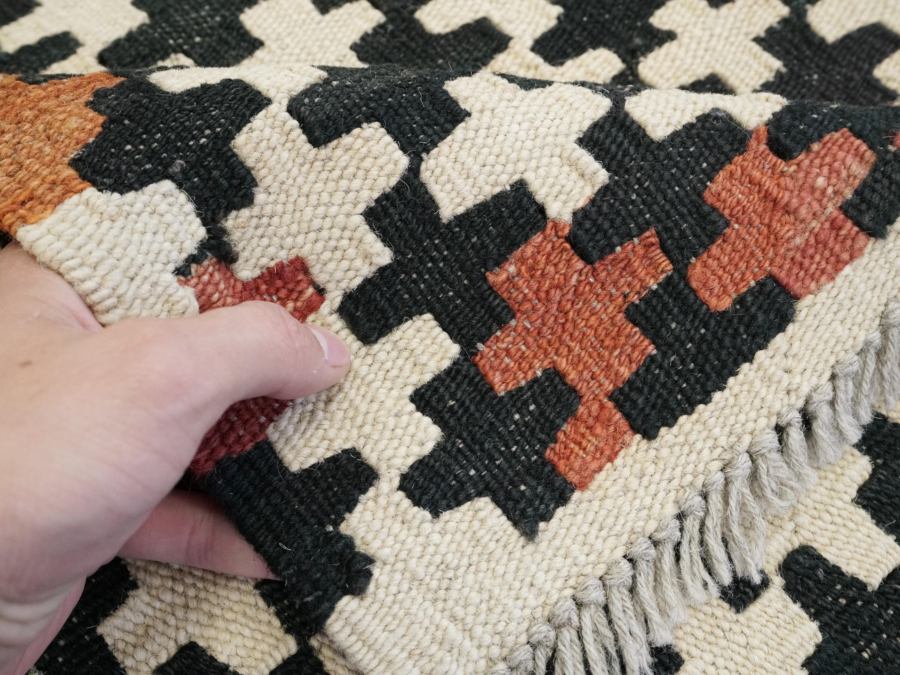10x13 Ft Black & Beige Kilim Rug - Handmade Afghan Flatweave