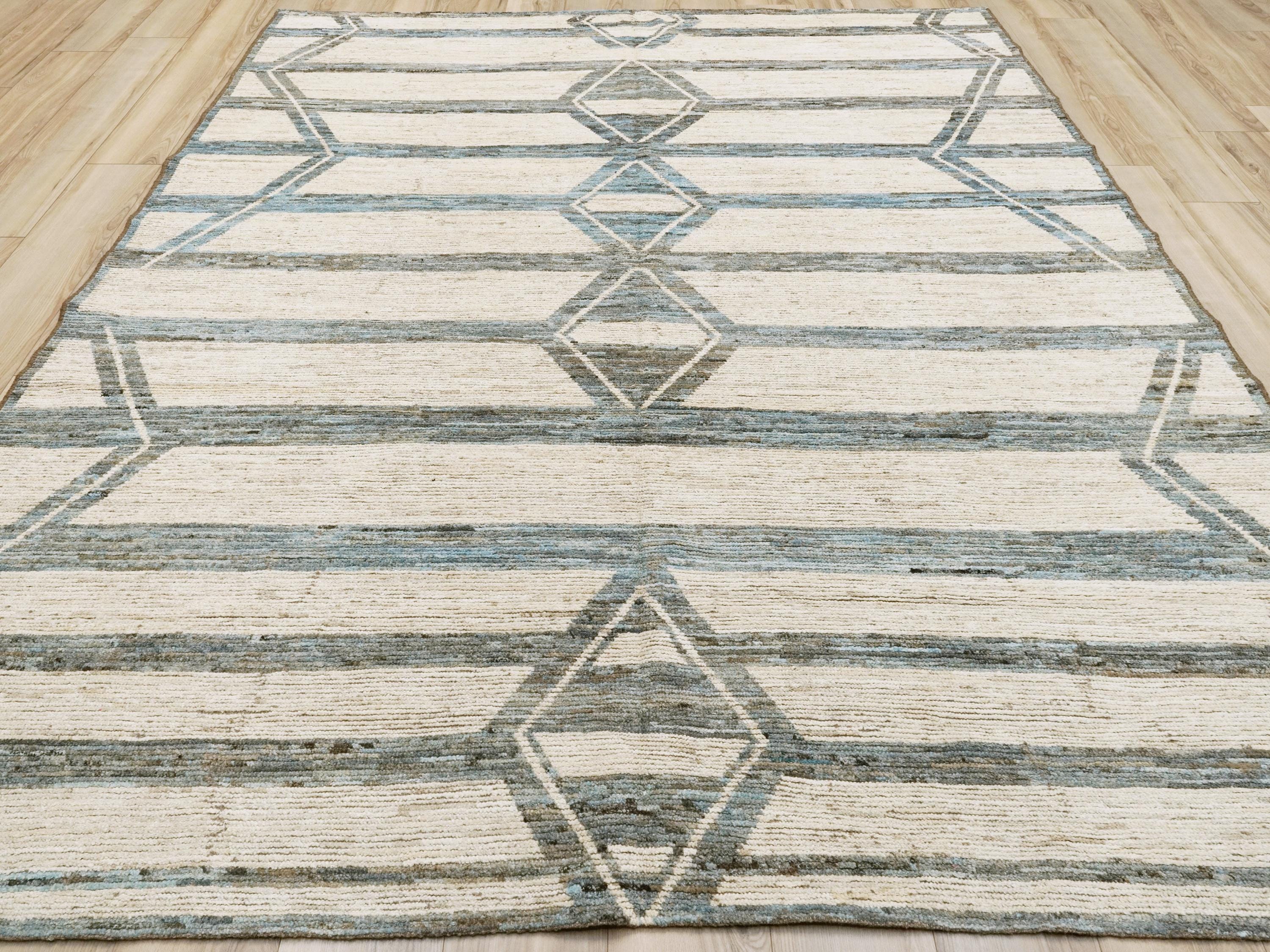 8x10 Ft Beige & Blue Moroccan Rug - Handmade Wool Area Rug