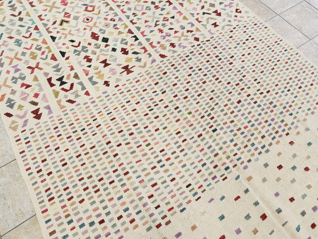 7x10 Ft Beige Kilim Rug - Flat Weave Contemporary Design