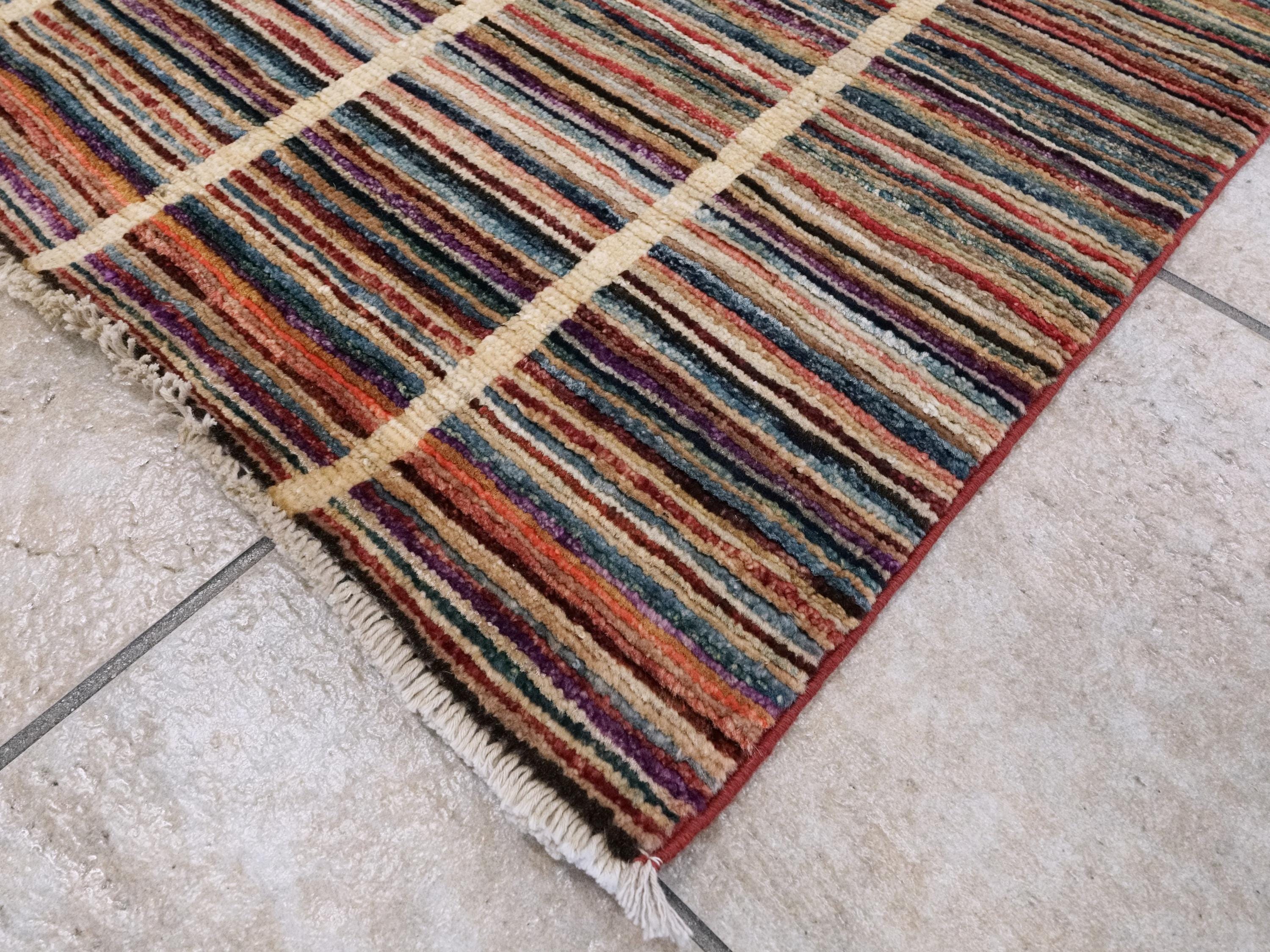 6x10 Ft Multicolor Gabbeh Rug - Afghan Wool Area Rug - Striped Contemporary Design